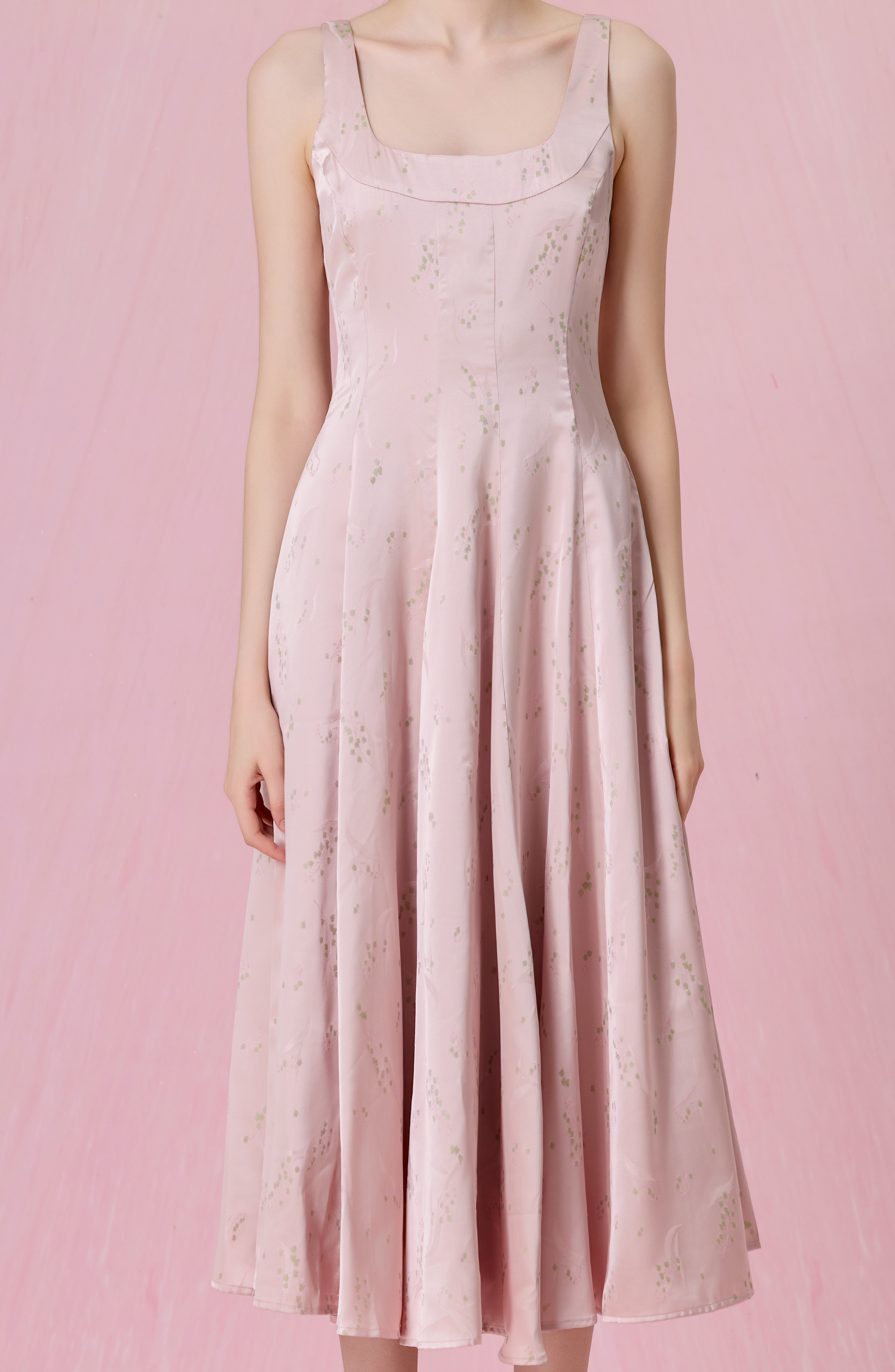 Cherey Pink Square Neck A-Line Midi Dress