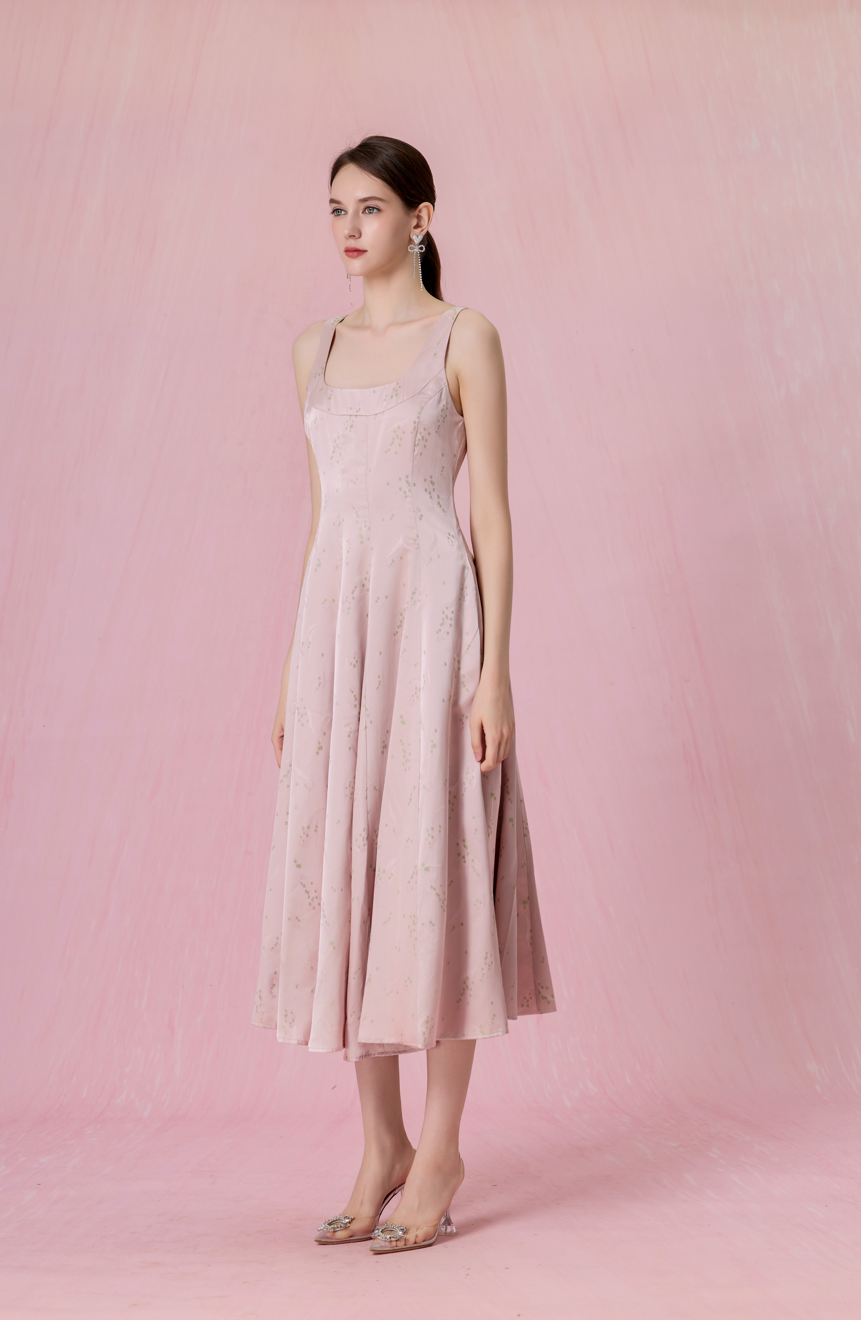 Cherey Pink Square Neck A-Line Midi Dress