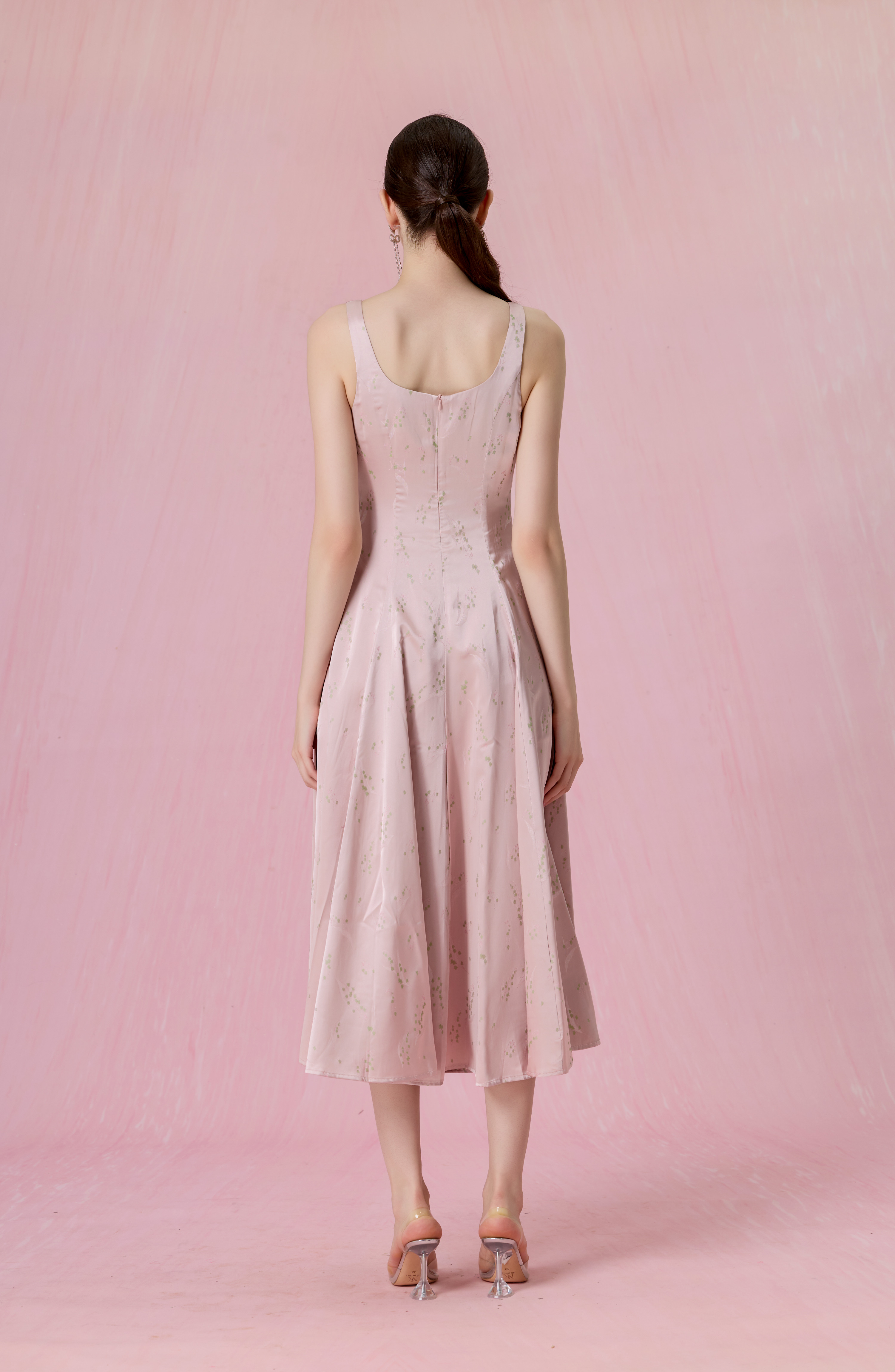 Cherey Pink Square Neck A-Line Midi Dress