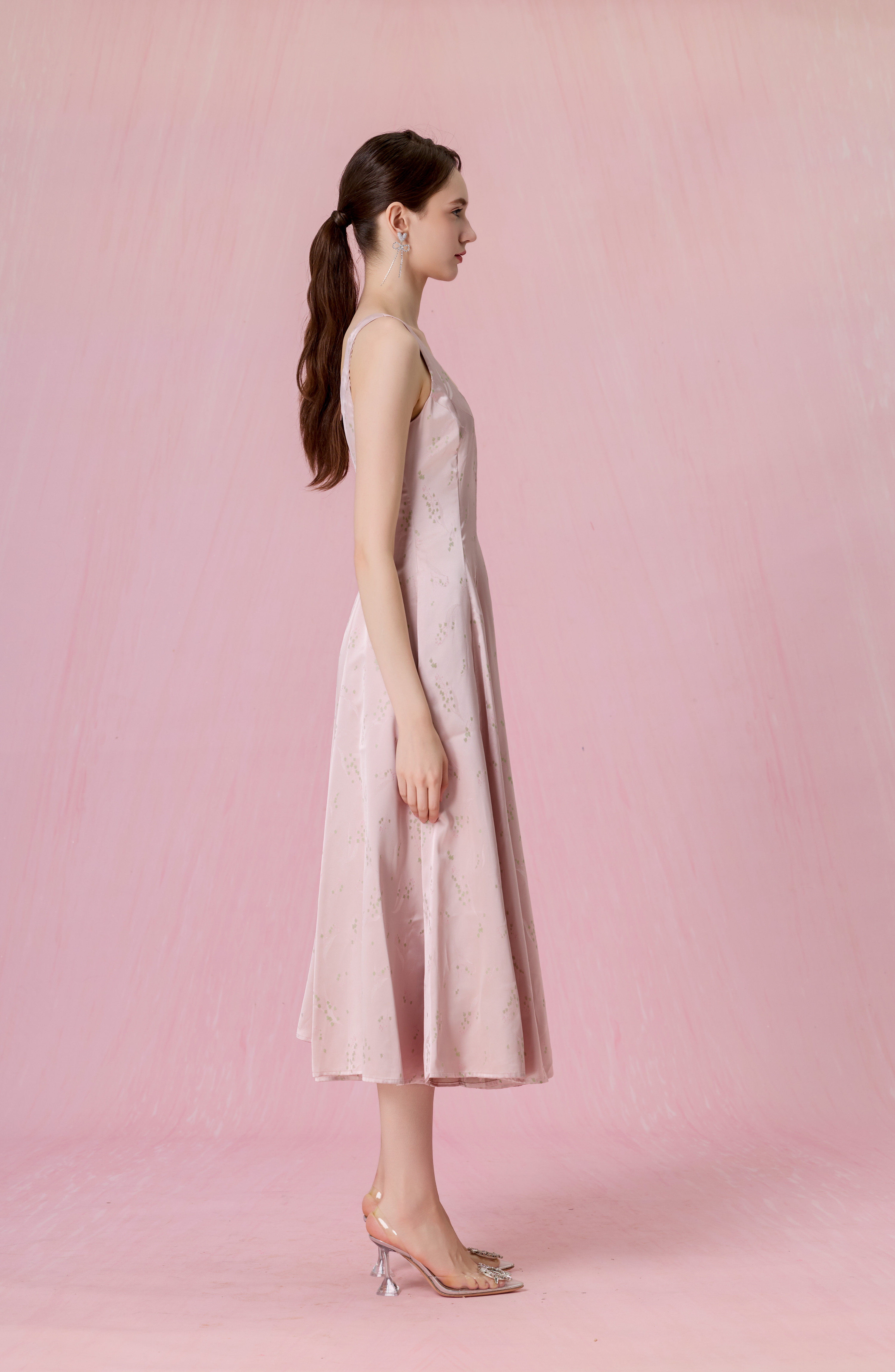 Cherey Pink Square Neck A-Line Midi Dress