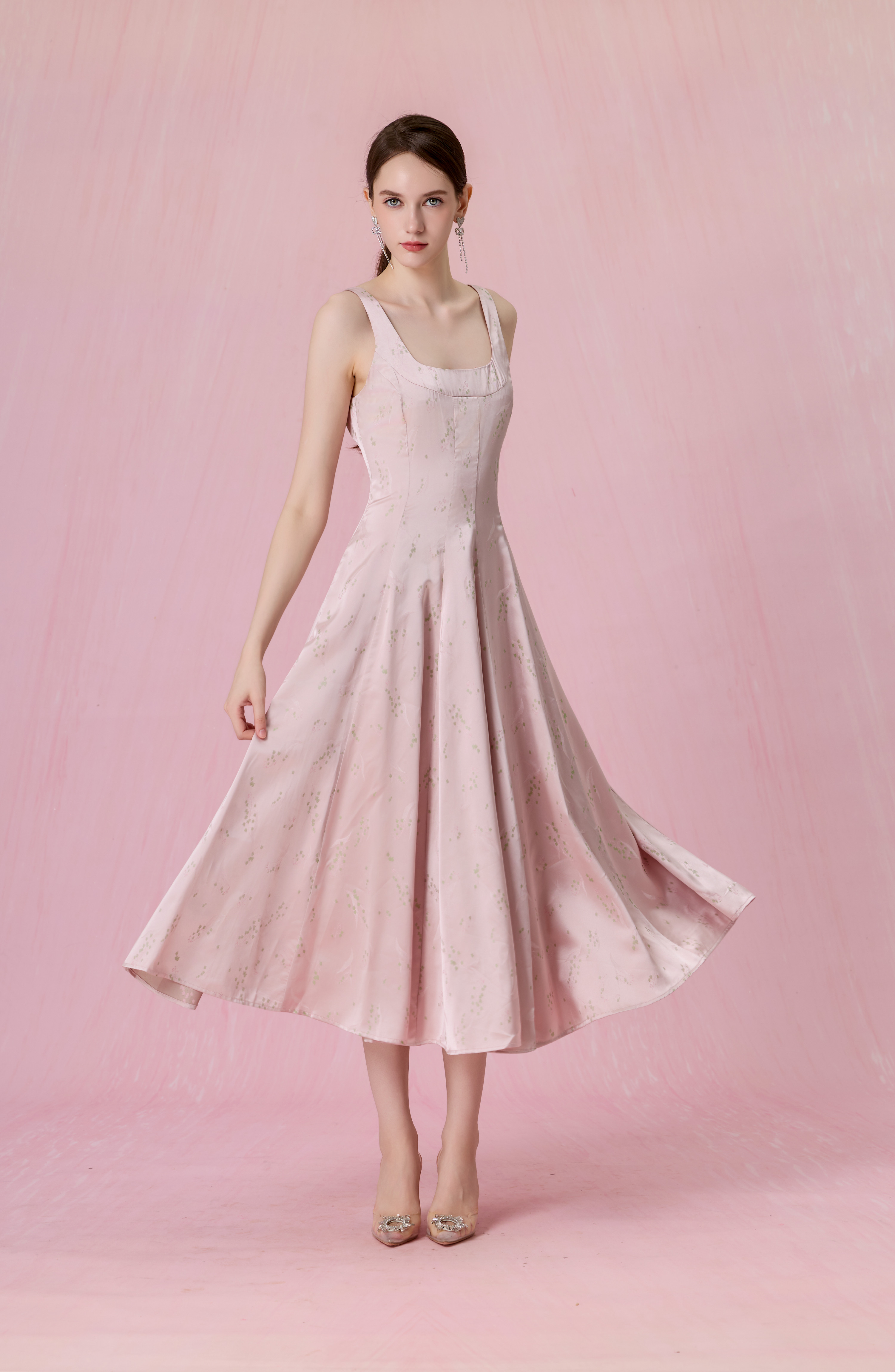 Cherey Pink Square Neck A-Line Midi Dress