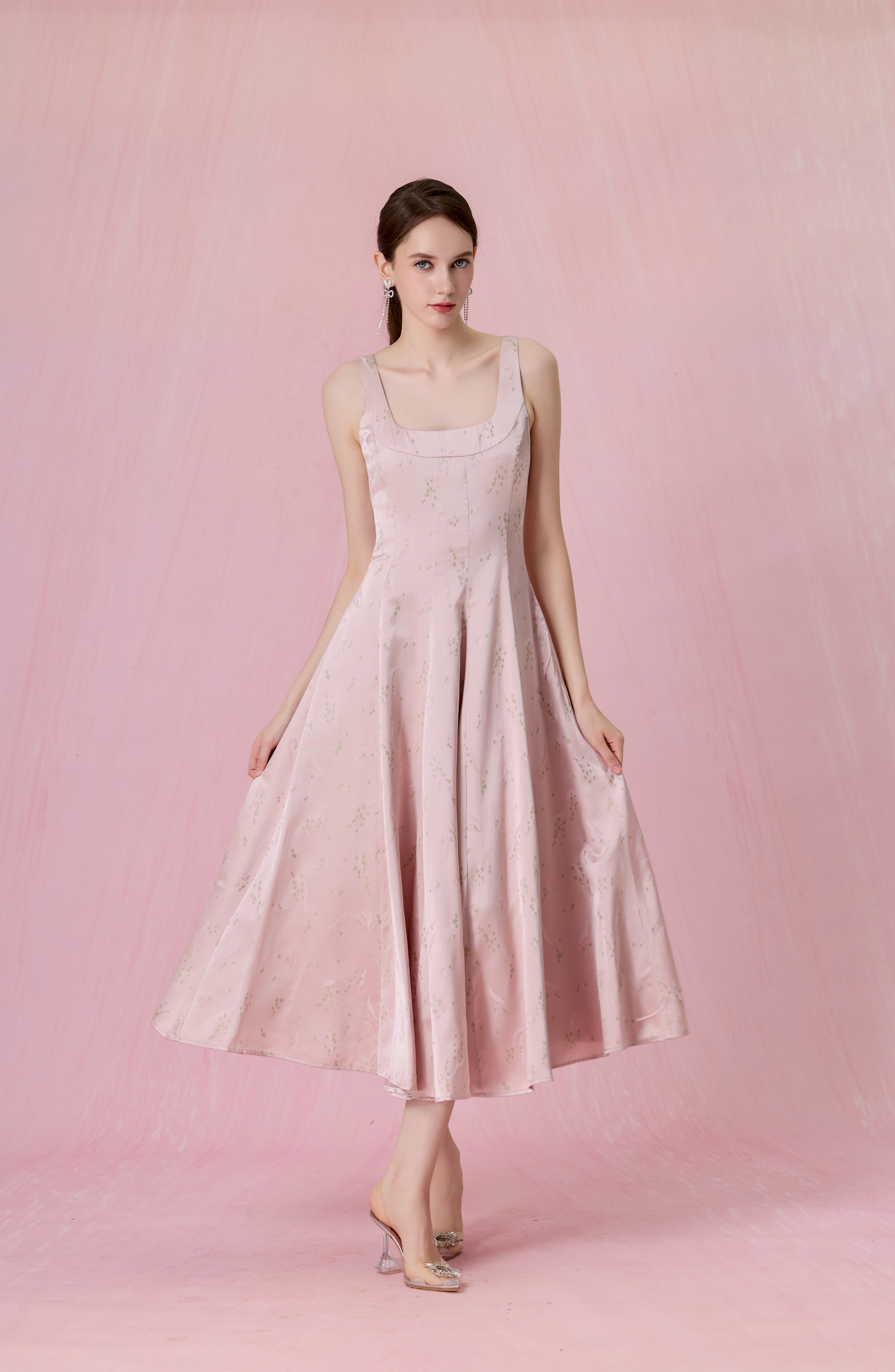 Cherey Pink Square Neck A-Line Midi Dress