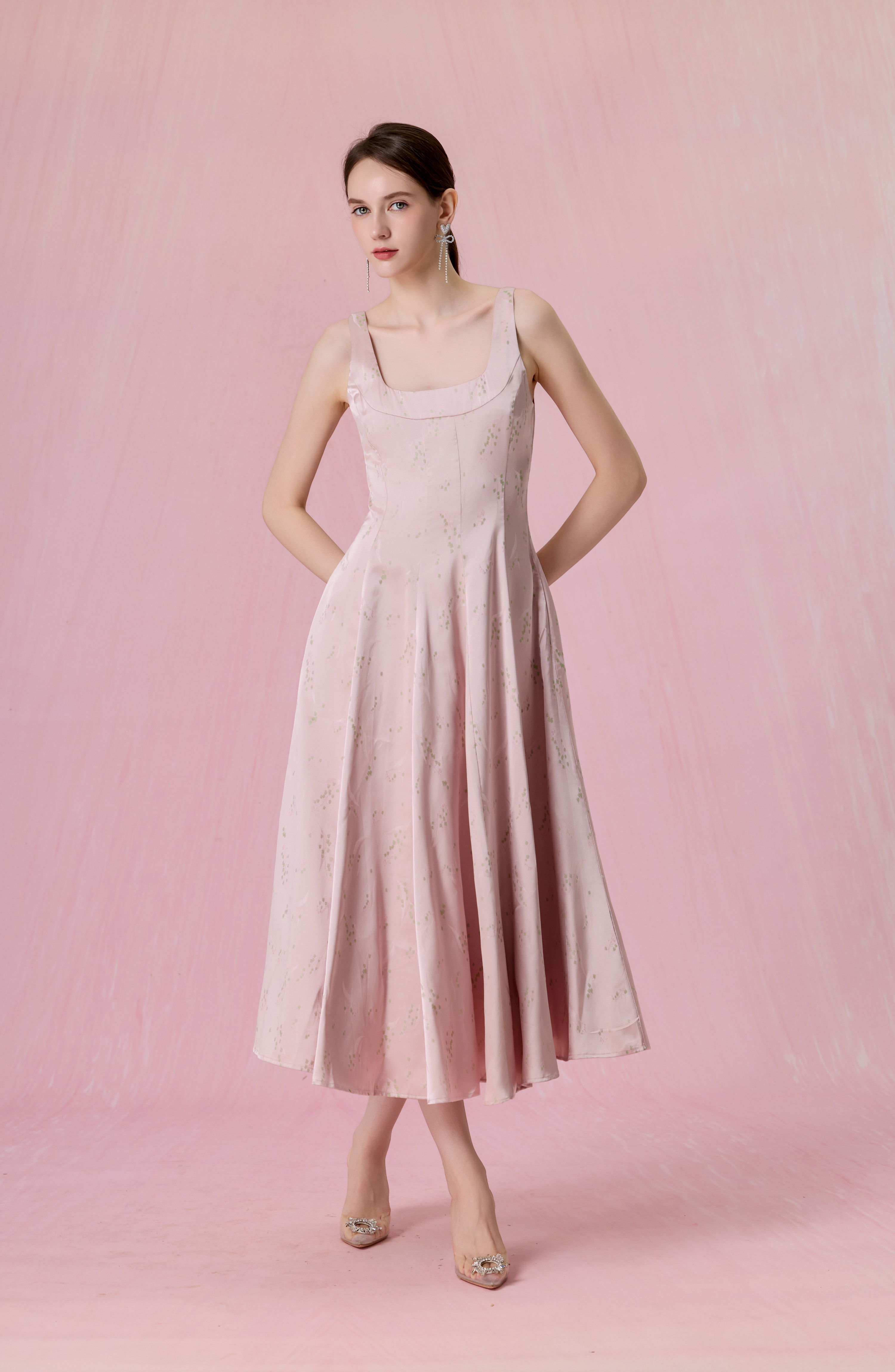 Cherey Pink Square Neck A-Line Midi Dress