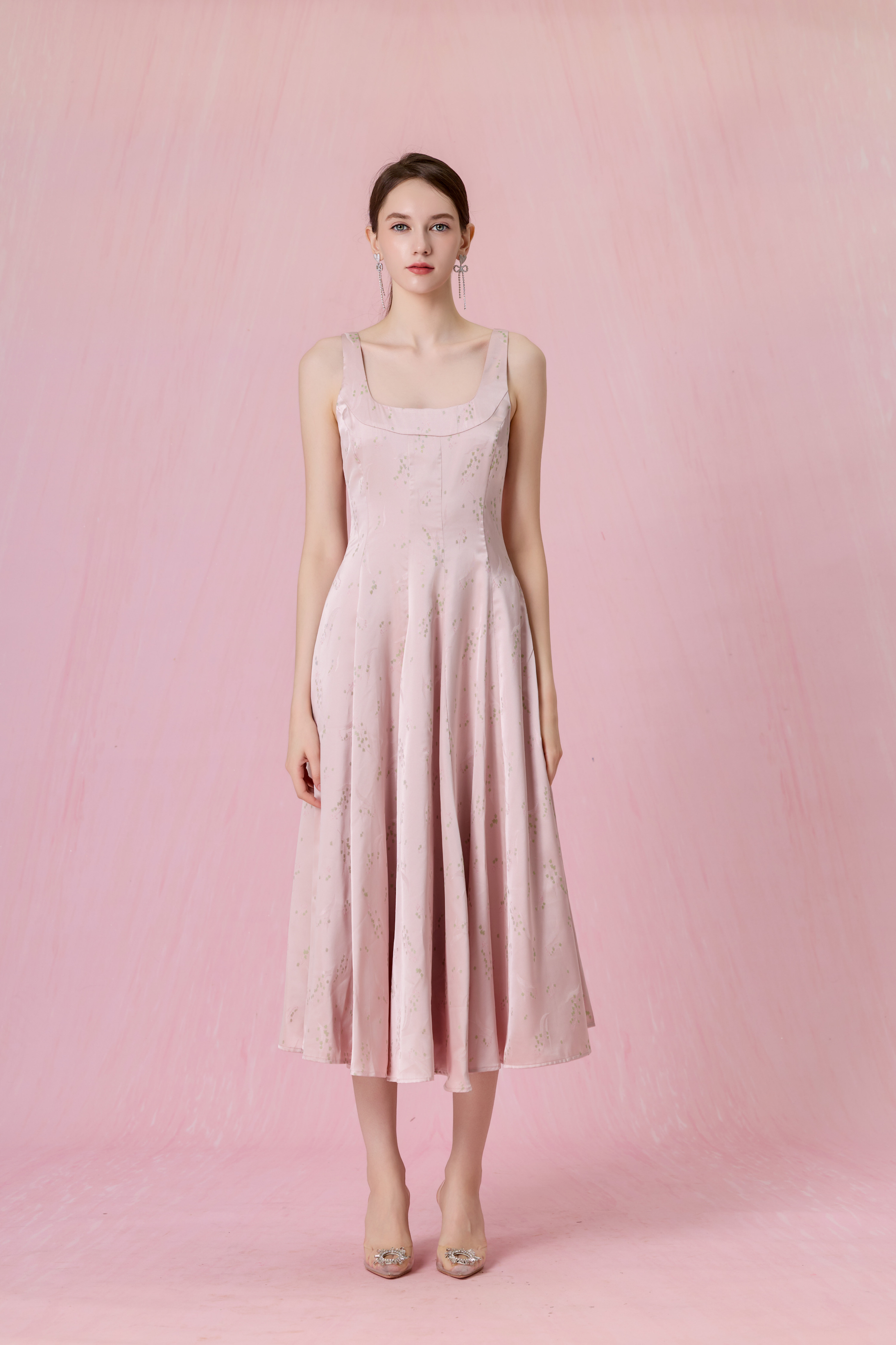 Cherey Pink Square Neck A-Line Midi Dress