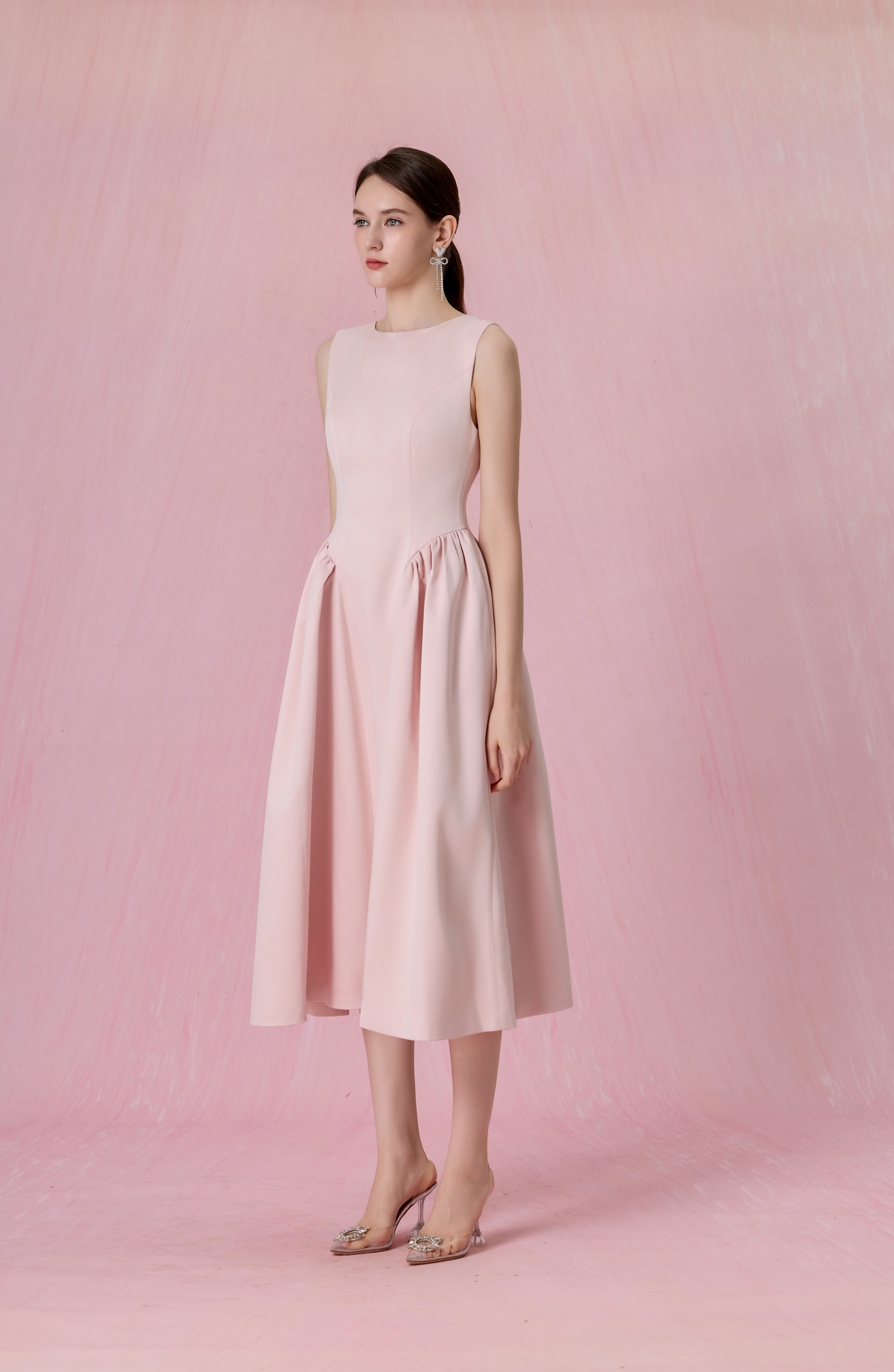 Cherice Blush Pink Fitted Drop Waist Midi Dress