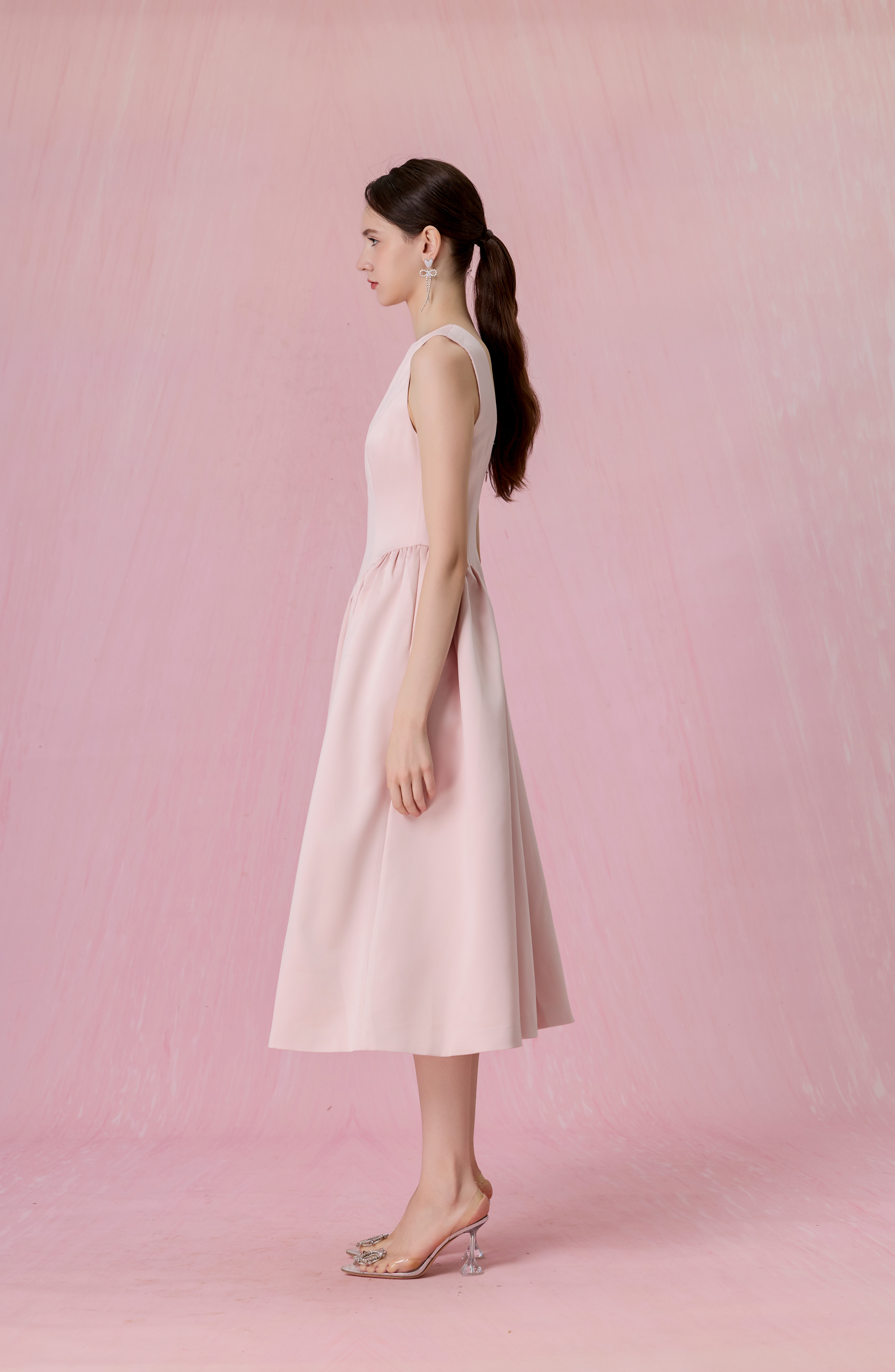 Cherice Blush Pink Fitted Drop Waist Midi Dress