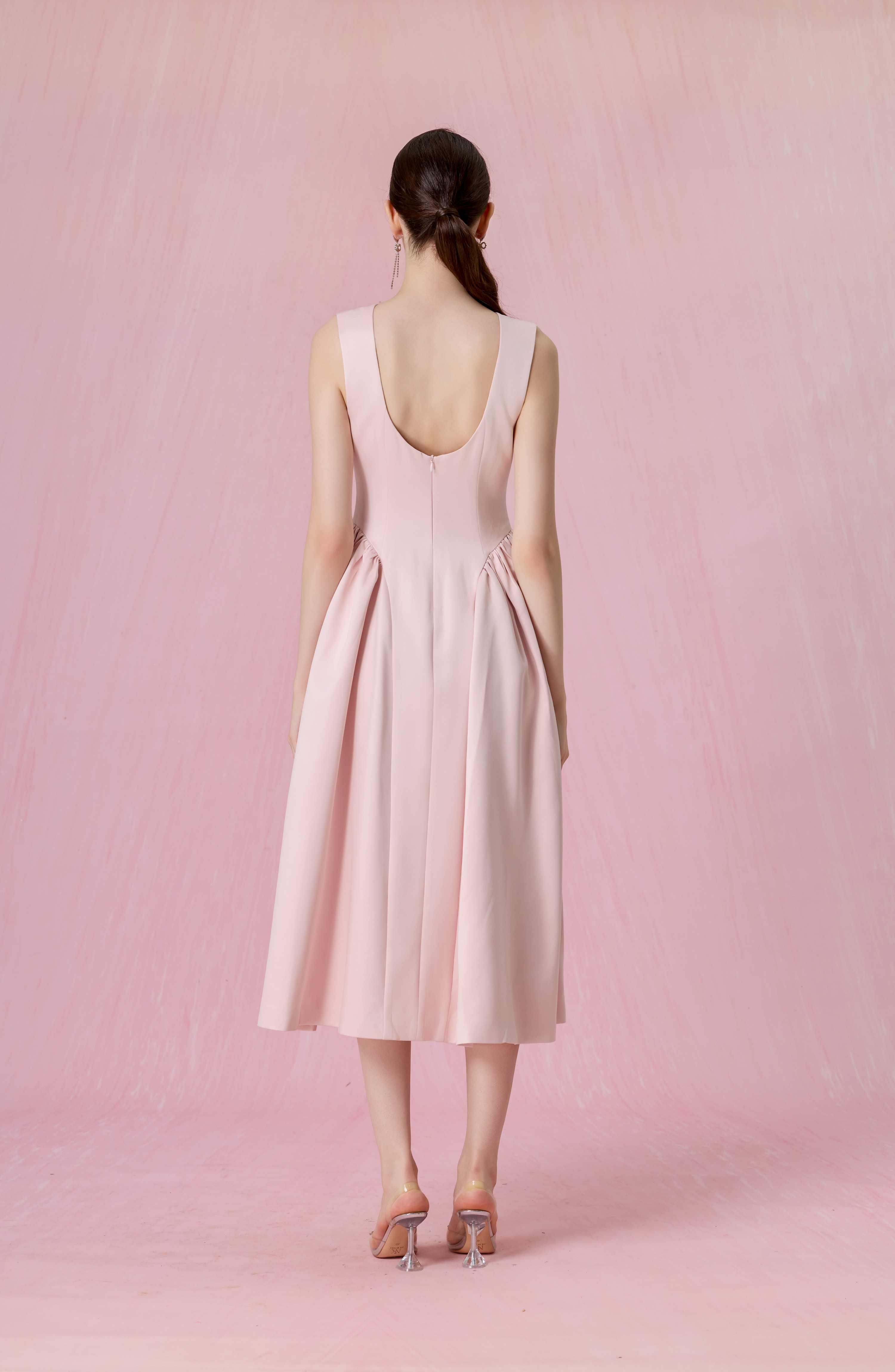 Cherice Blush Pink Fitted Drop Waist Midi Dress