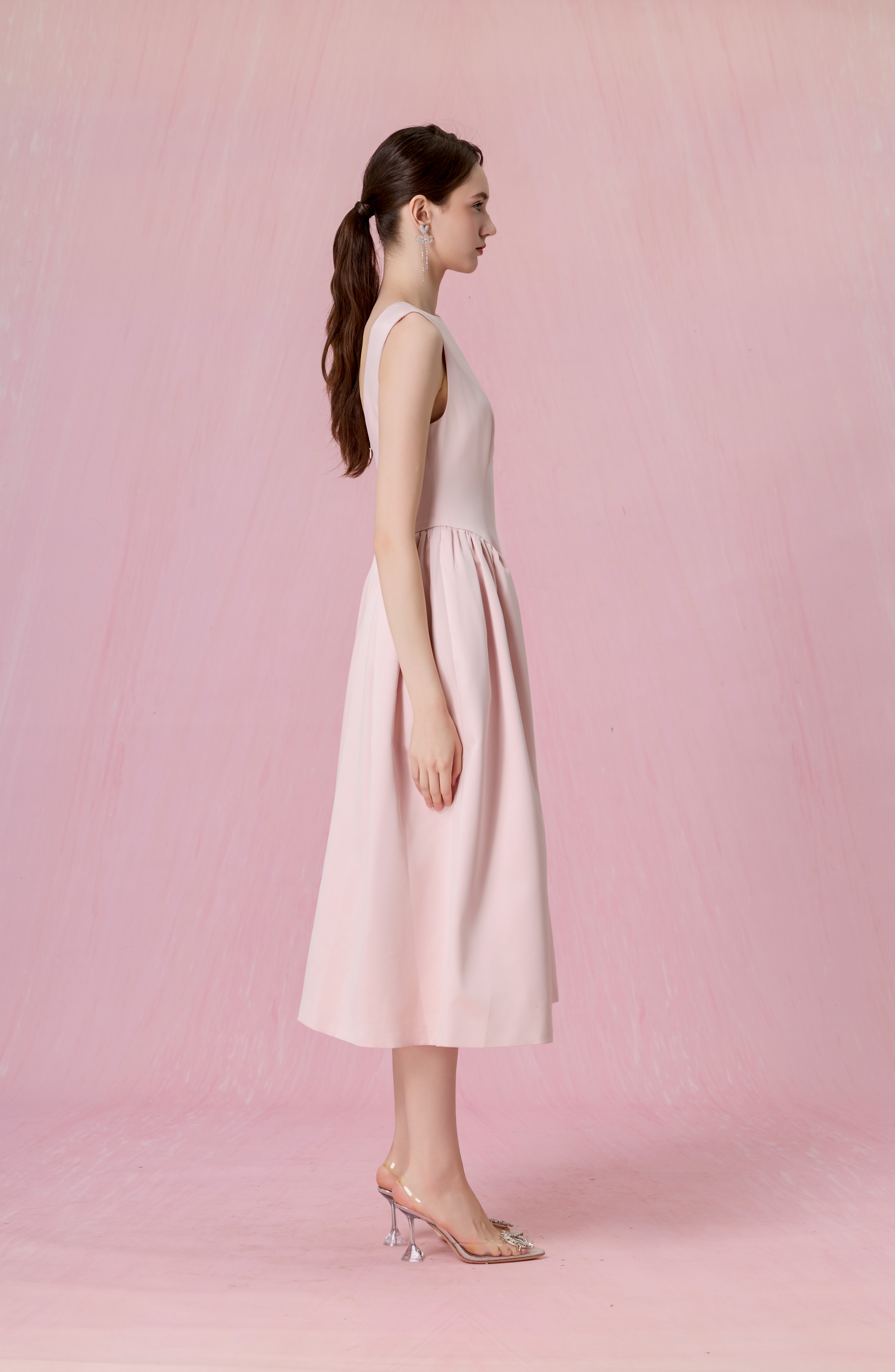 Cherice Blush Pink Fitted Drop Waist Midi Dress