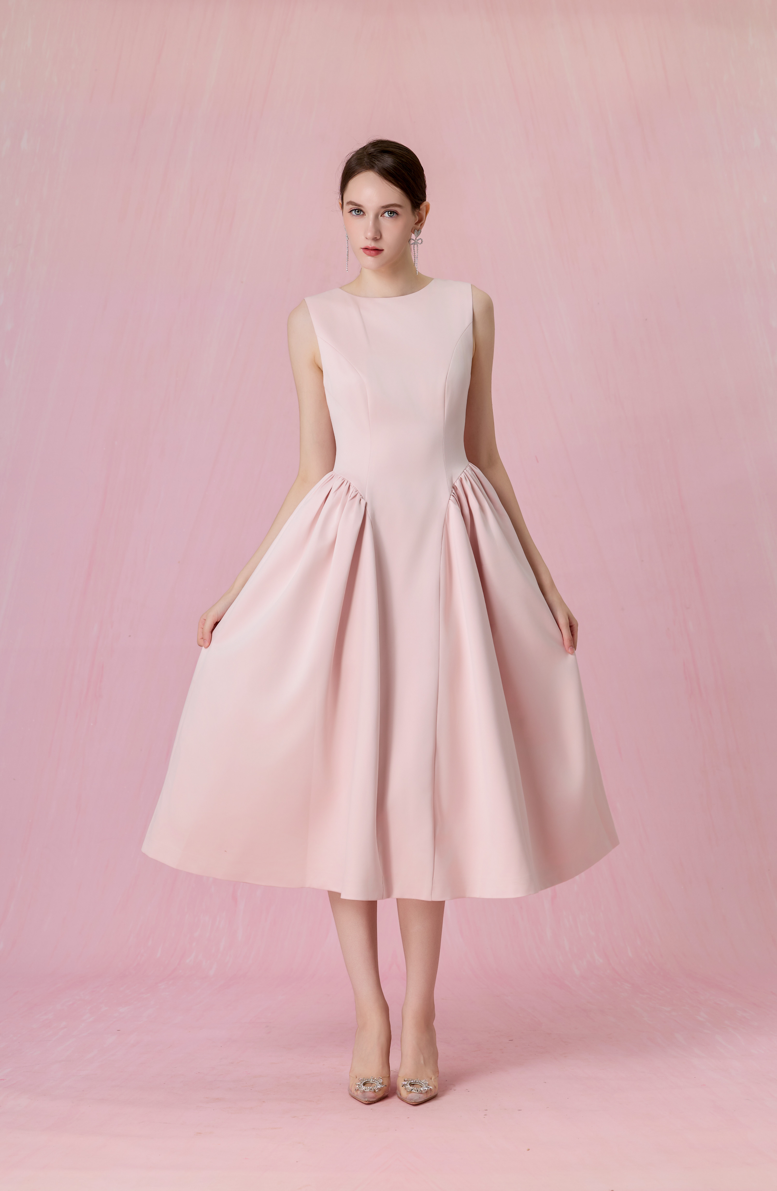 Cherice Blush Pink Fitted Drop Waist Midi Dress