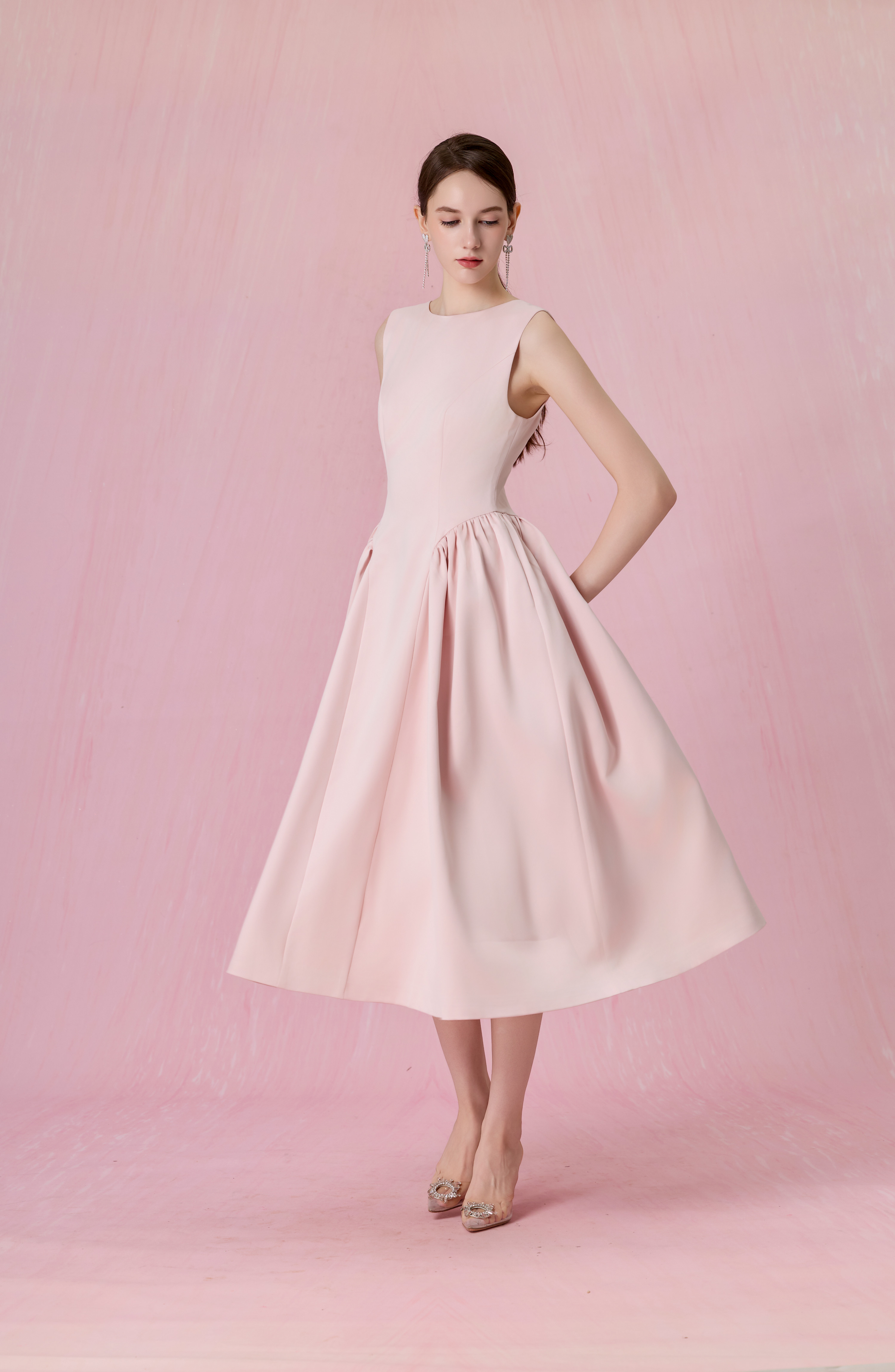 Cherice Blush Pink Fitted Drop Waist Midi Dress