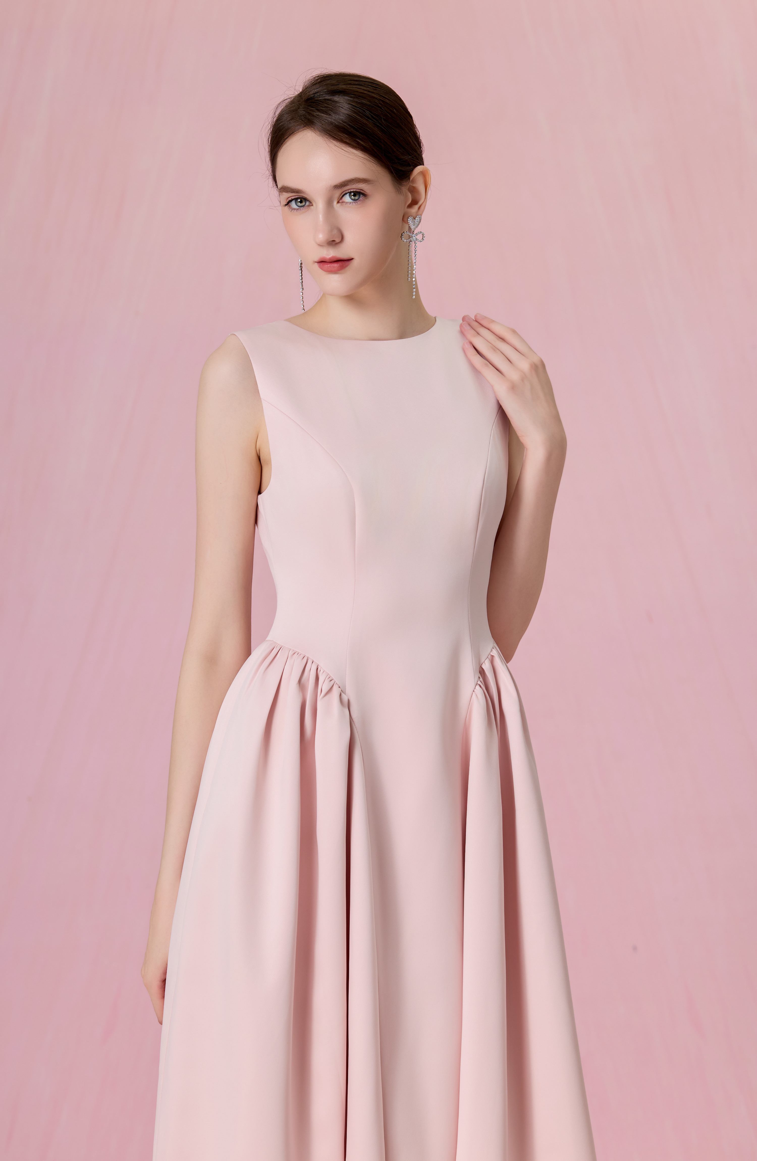 Cherice Blush Pink Fitted Drop Waist Midi Dress
