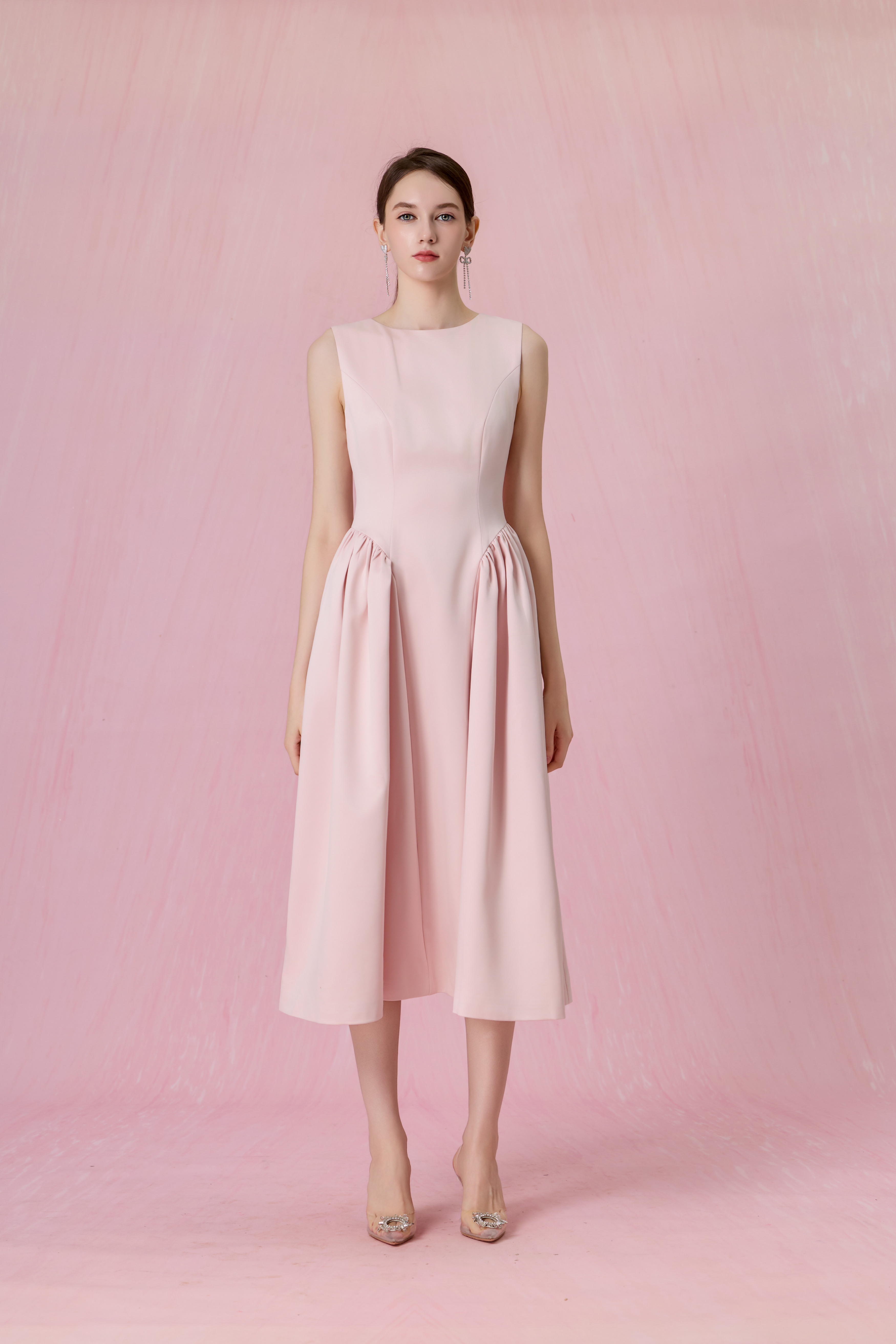 Cherice Blush Pink Fitted Drop Waist Midi Dress