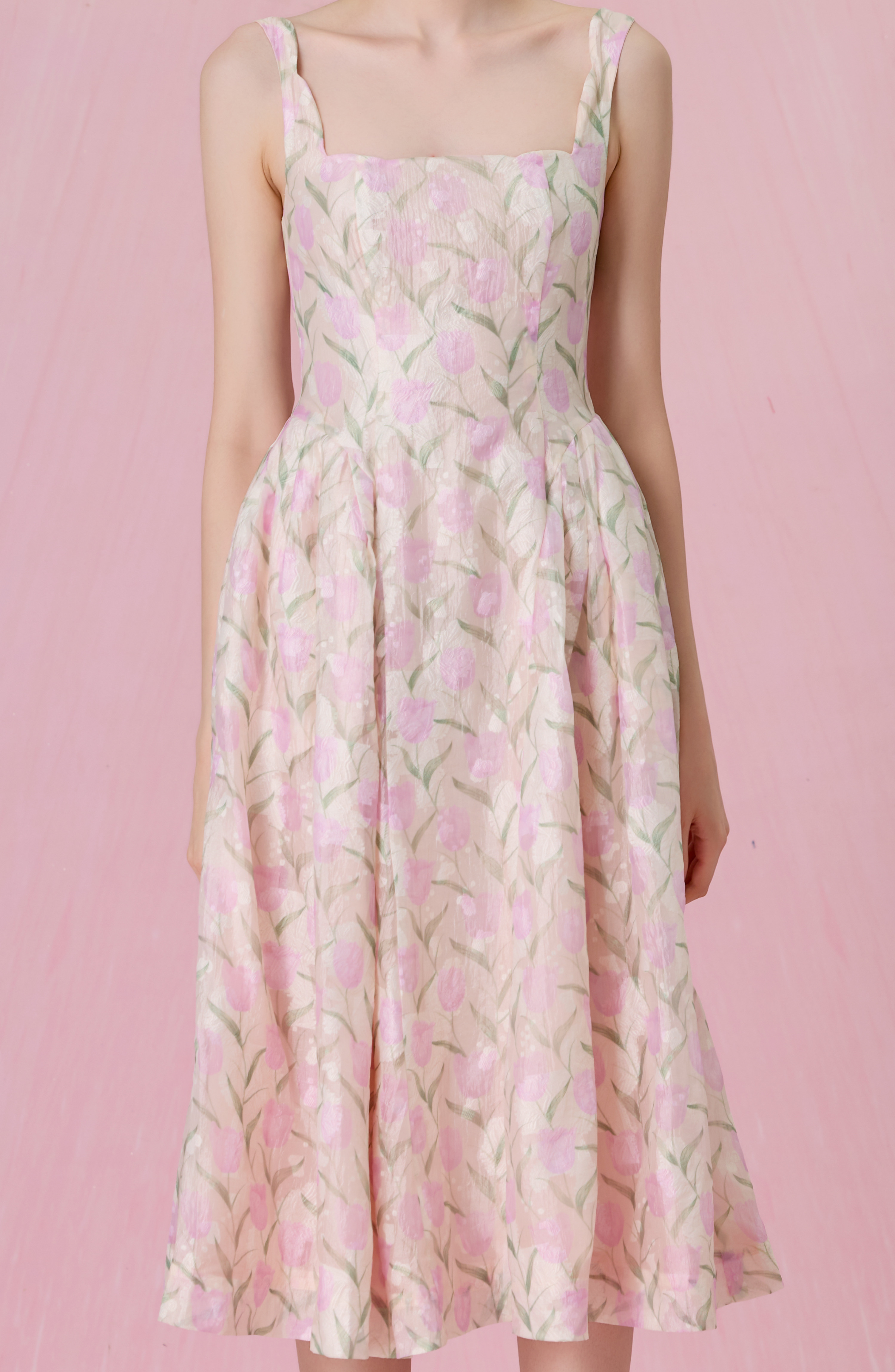 Glady Pink Tulip Jacquard Long Dress