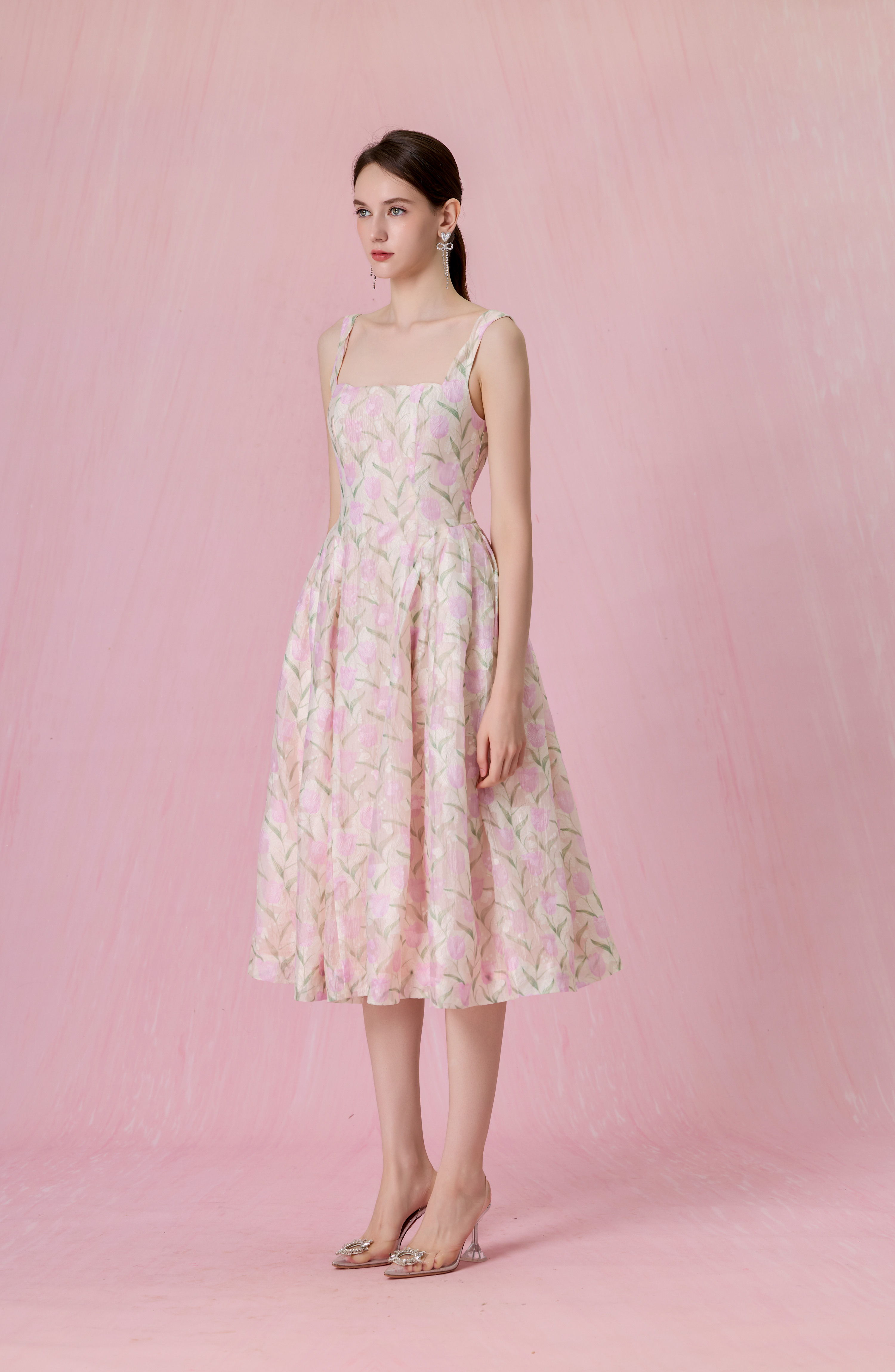 Glady Pink Tulip Jacquard Long Dress