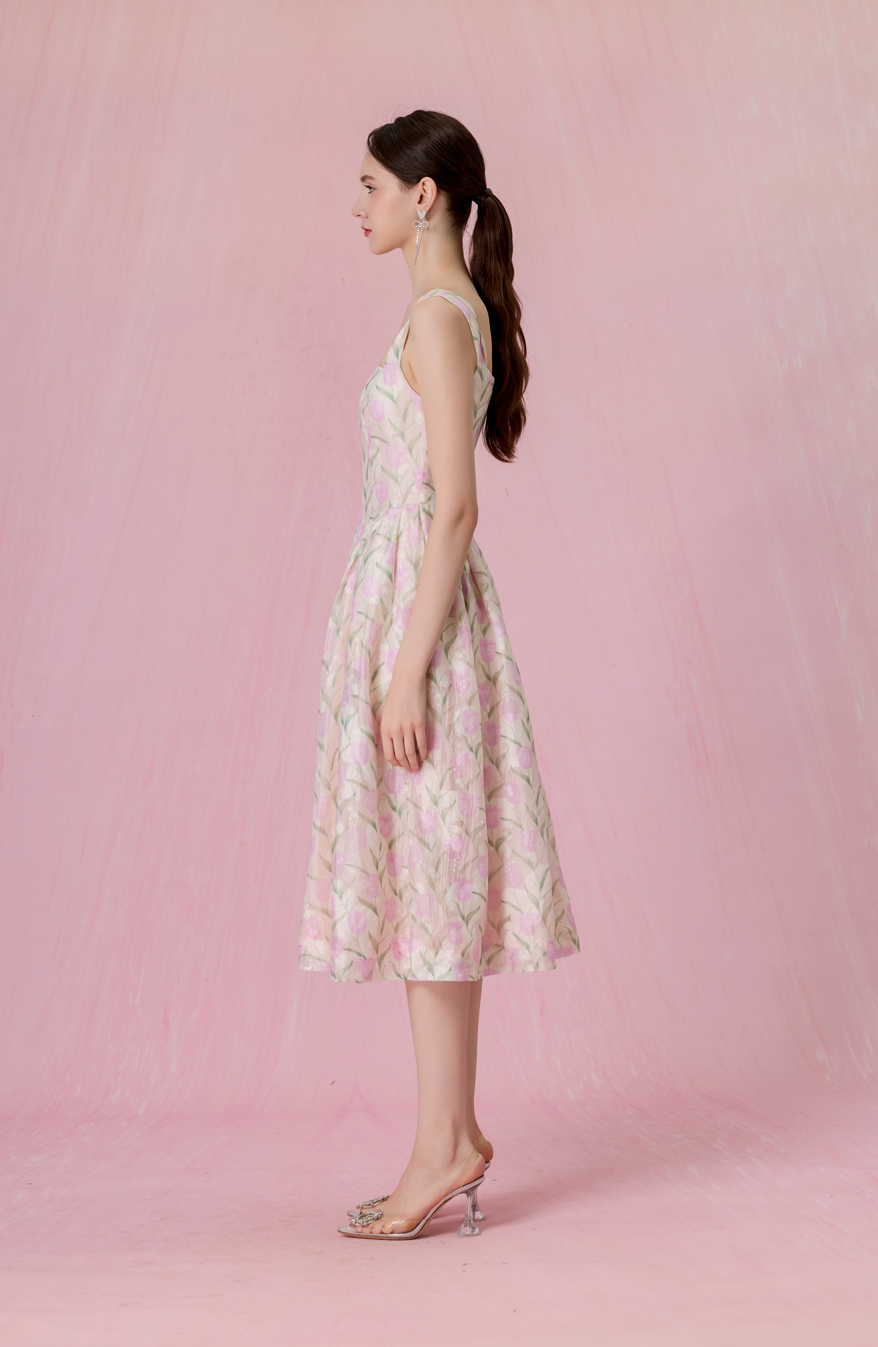 Glady Pink Tulip Jacquard Long Dress