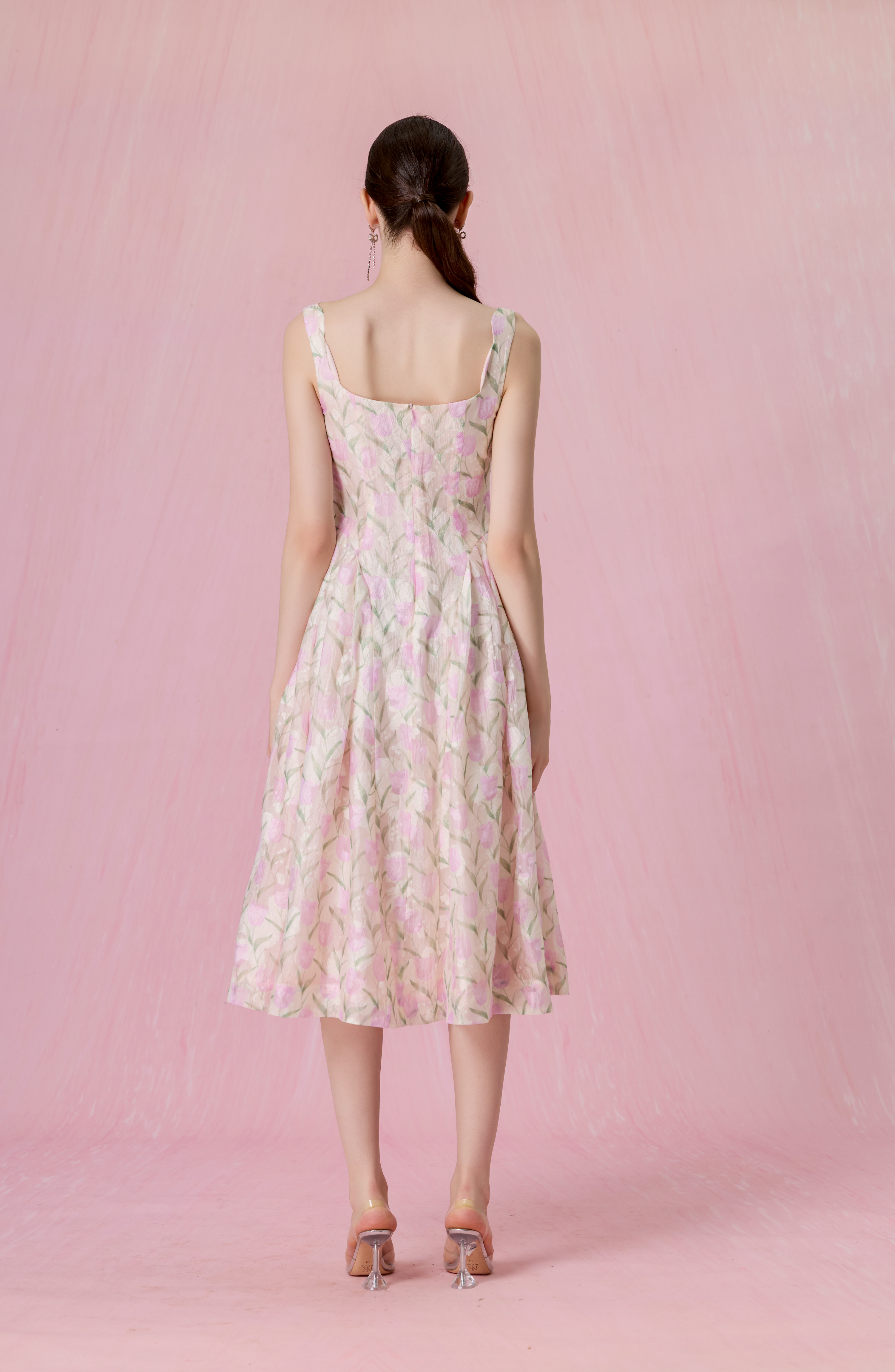 Glady Pink Tulip Jacquard Long Dress