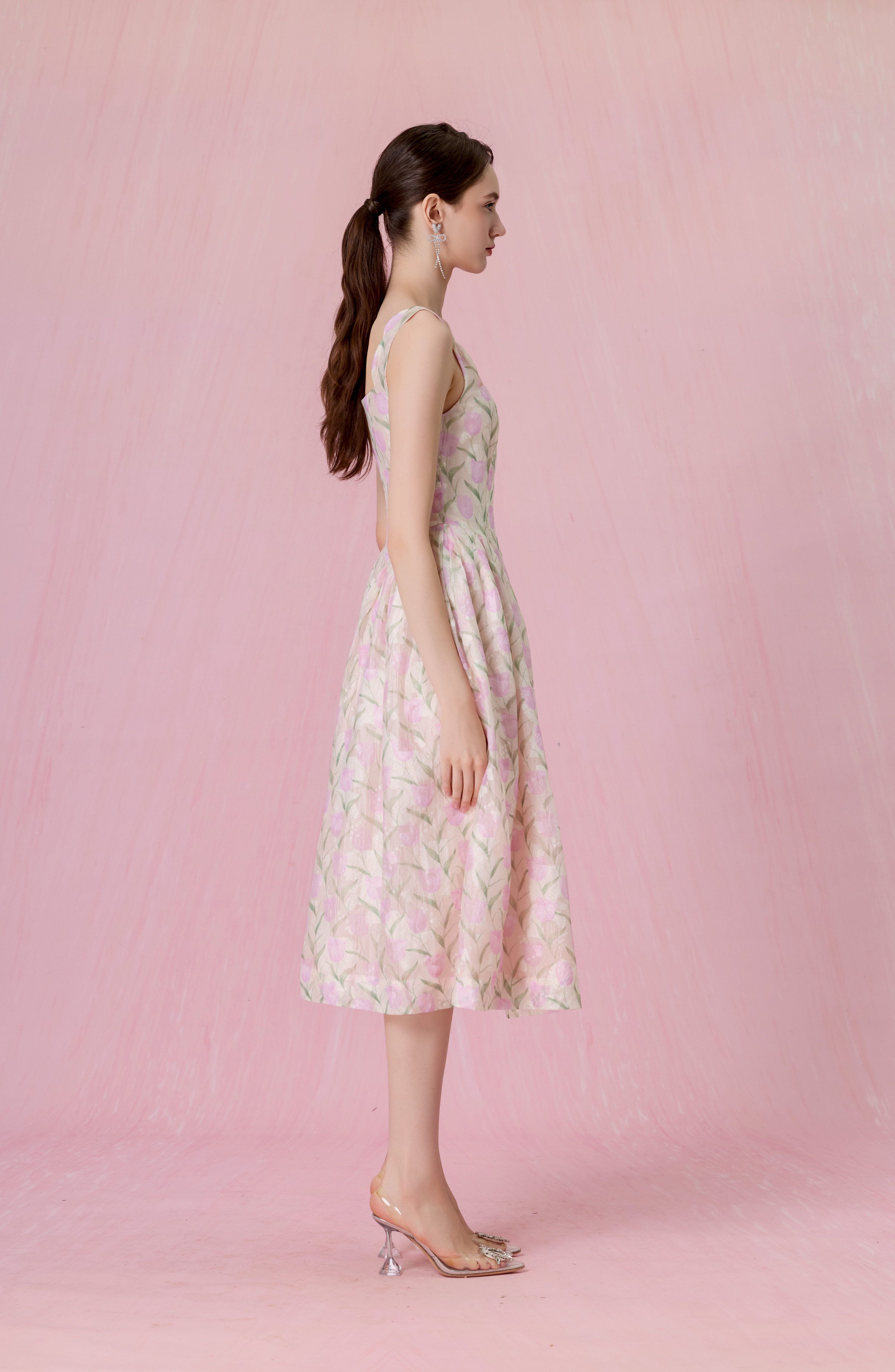 Glady Pink Tulip Jacquard Long Dress