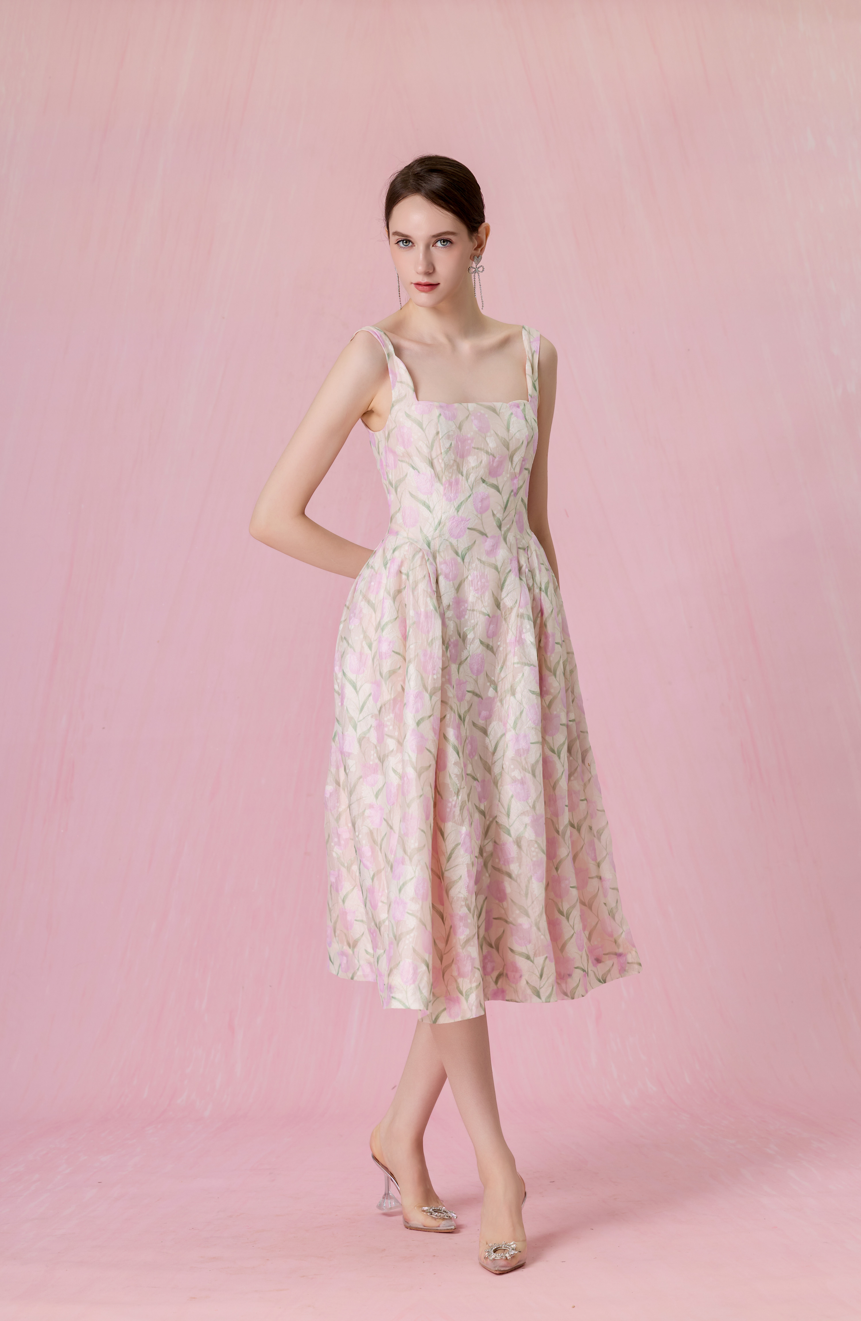 Glady Pink Tulip Jacquard Long Dress