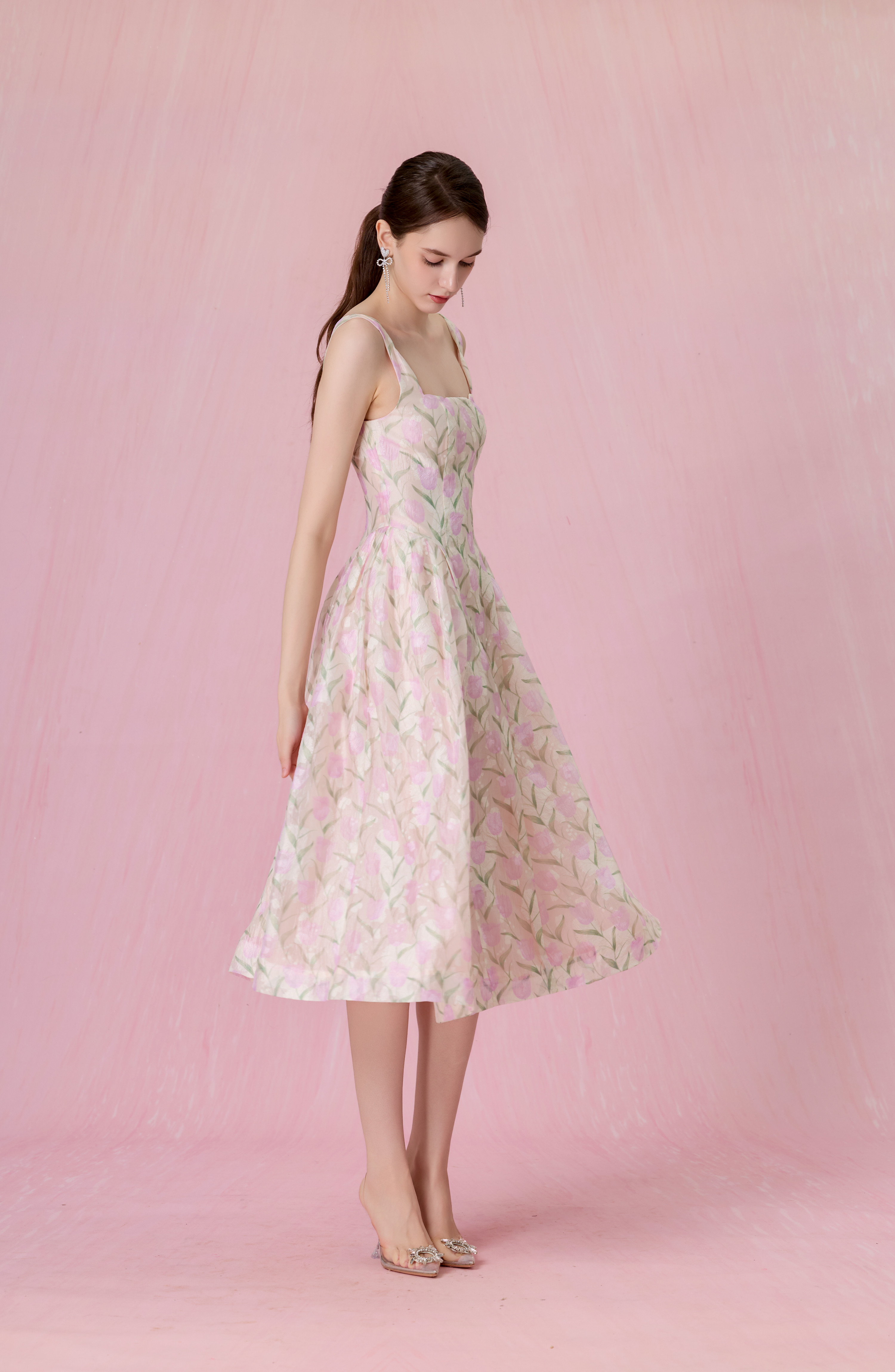 Glady Pink Tulip Jacquard Long Dress