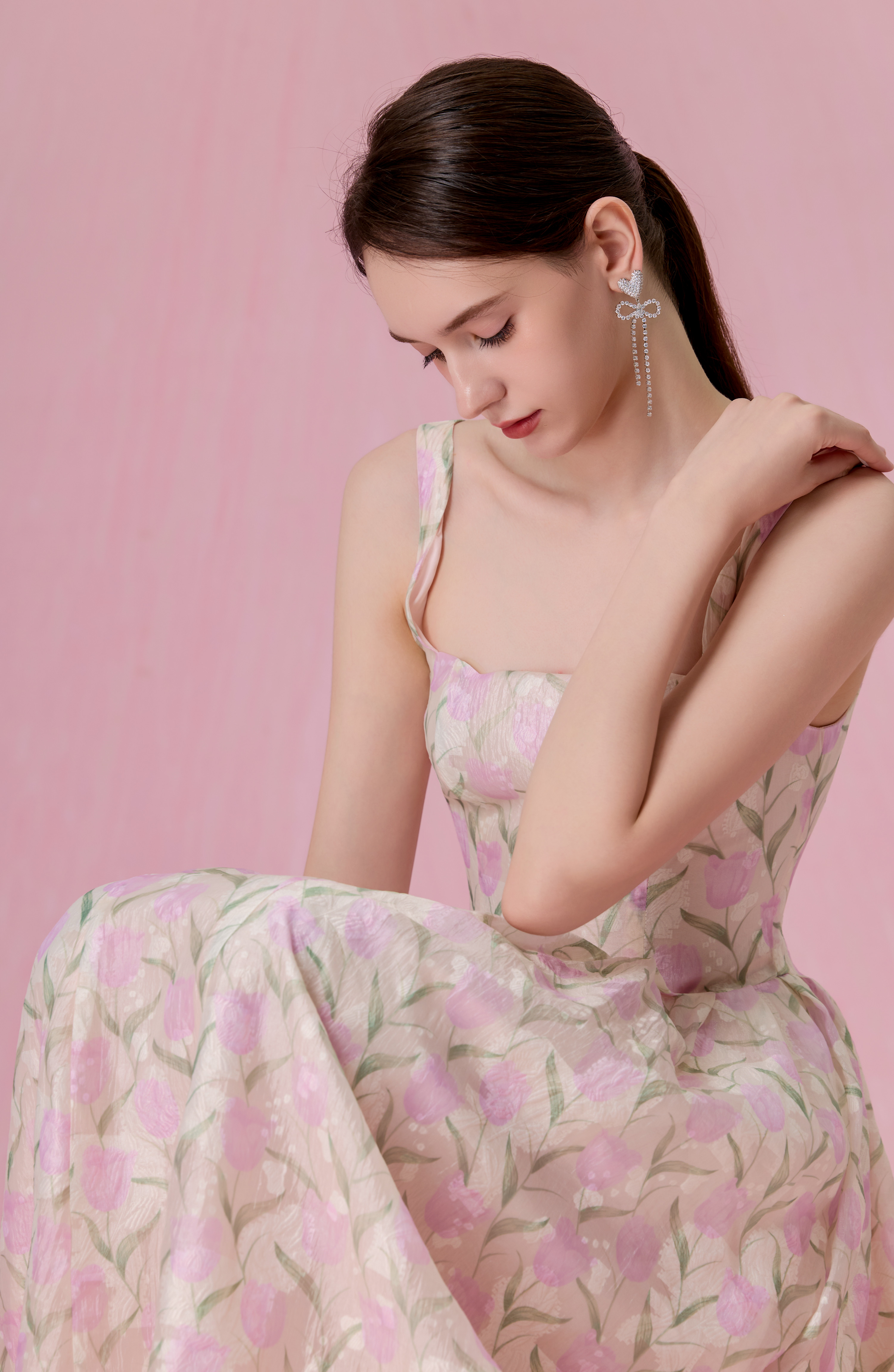 Glady Pink Tulip Jacquard Long Dress