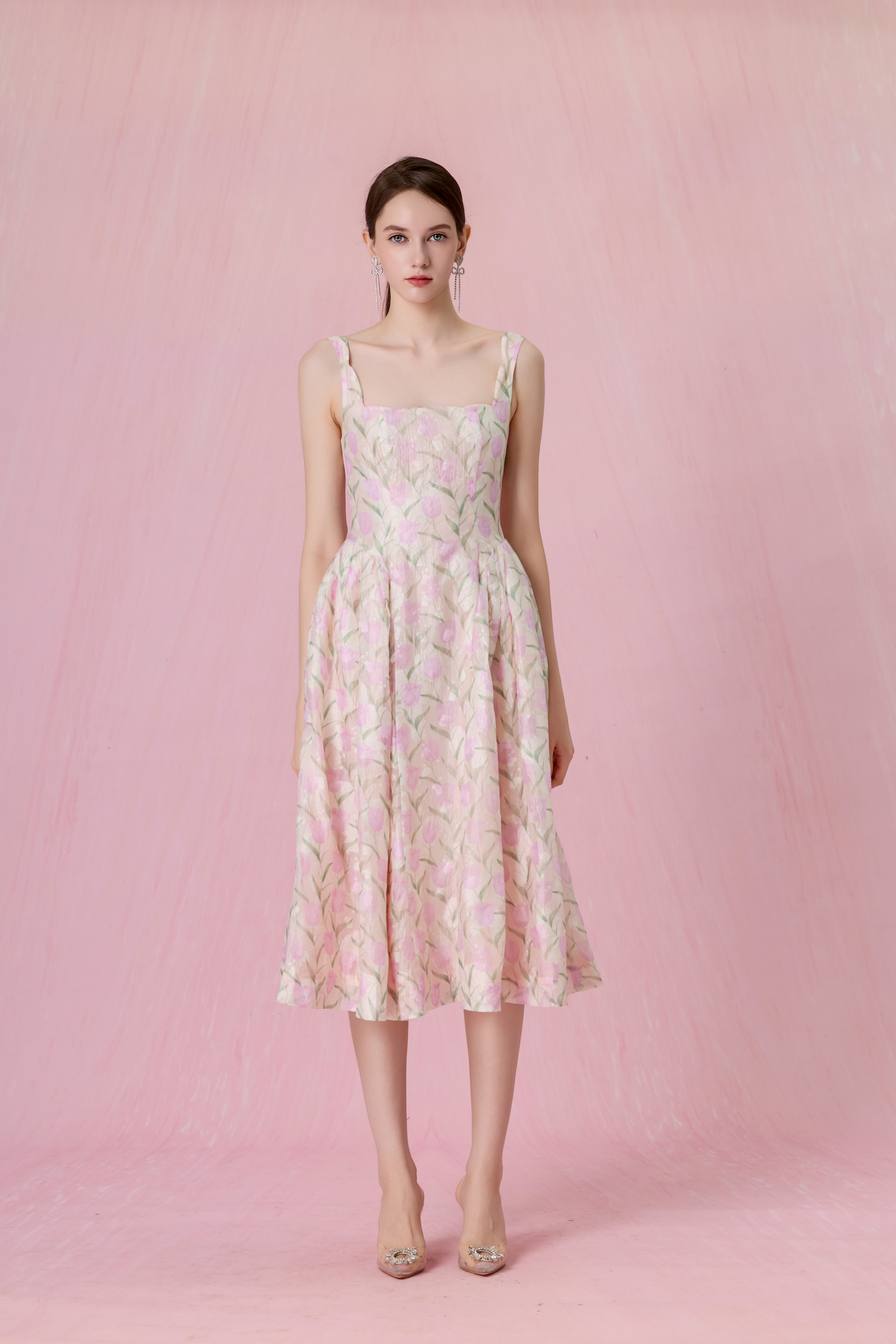Glady Pink Tulip Jacquard Long Dress