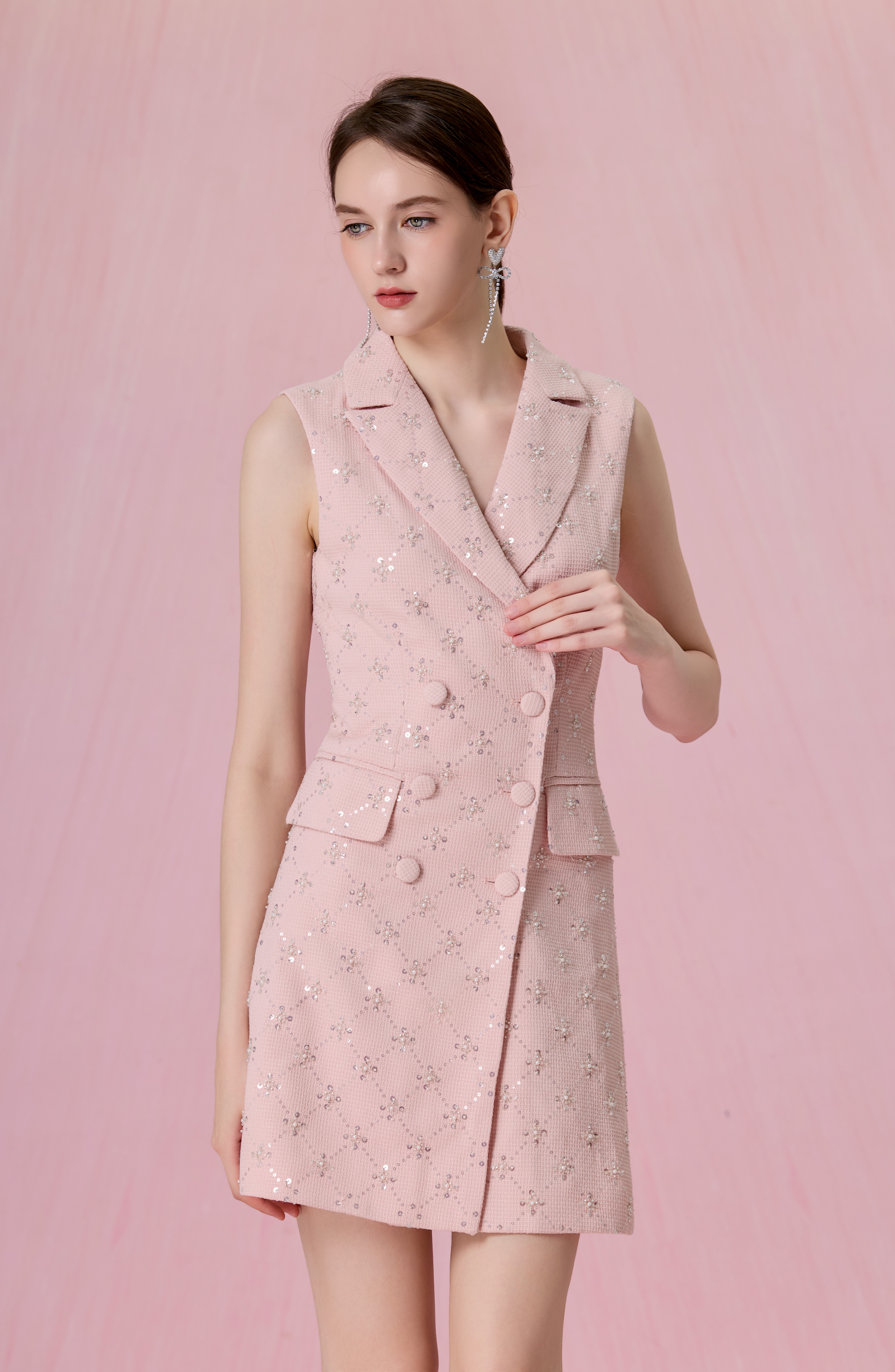 Chantalle Pink Tweed Sleeveless Blazer Dress