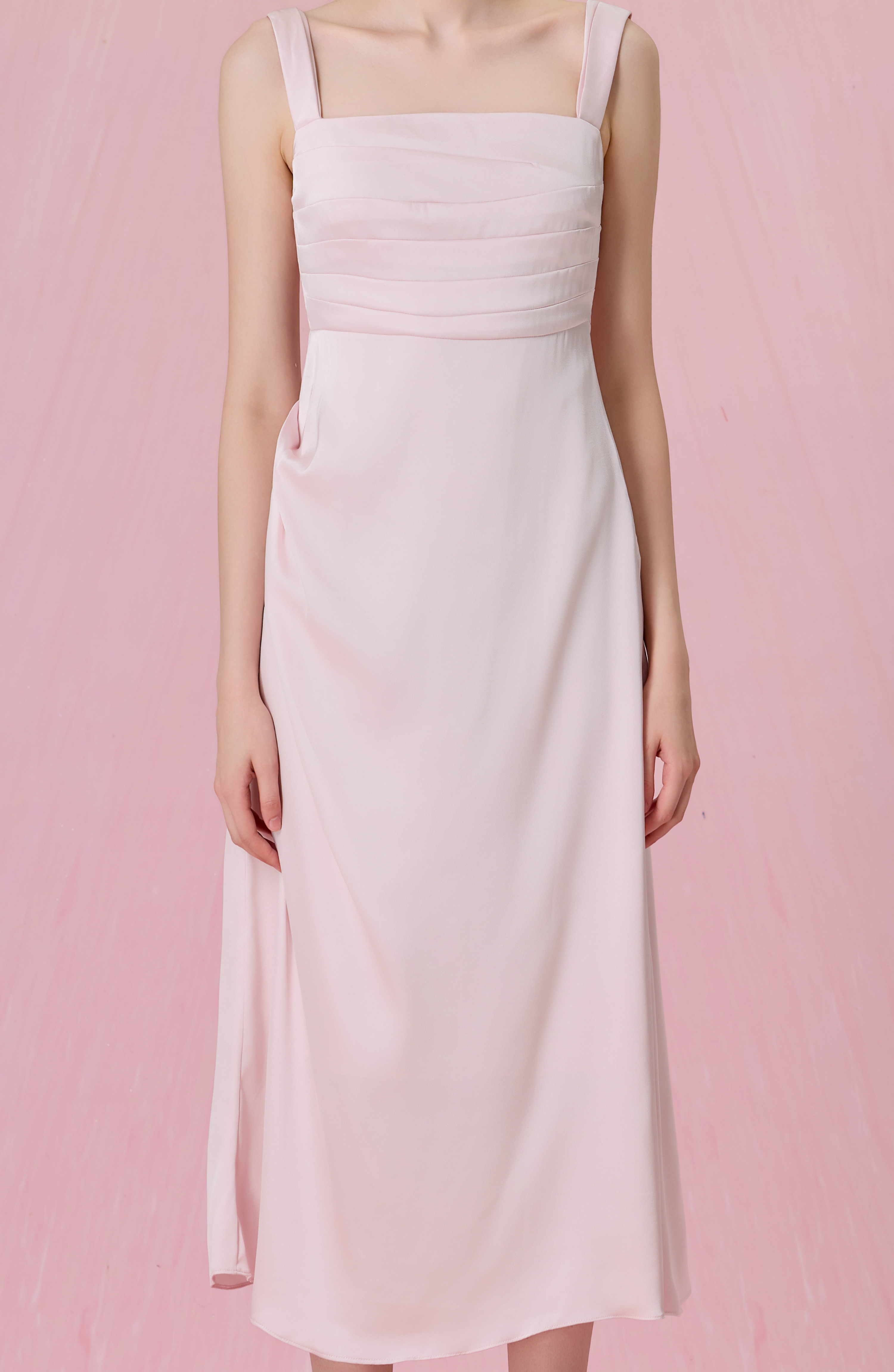 Crescenta Light Pink Ruched Midi Dress