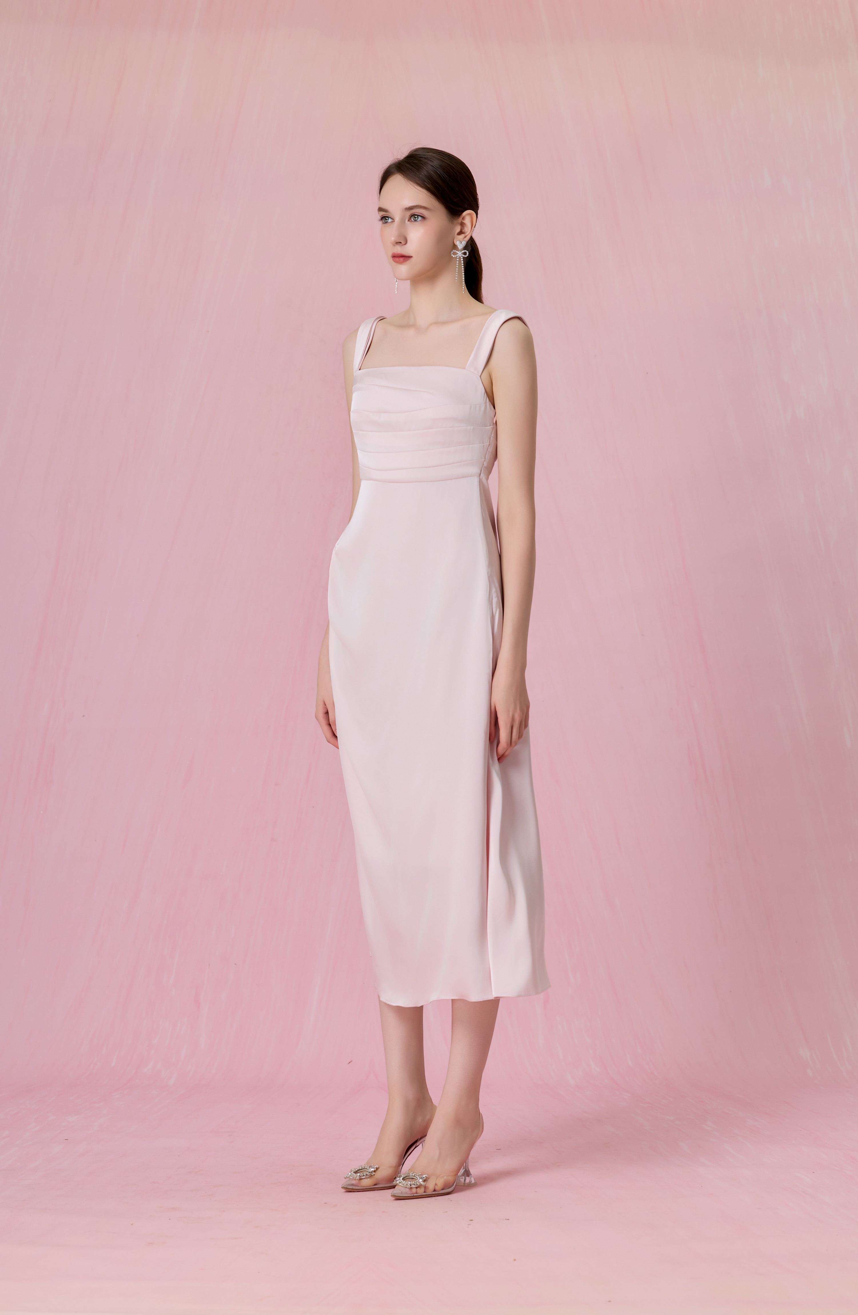 Crescenta Light Pink Ruched Midi Dress