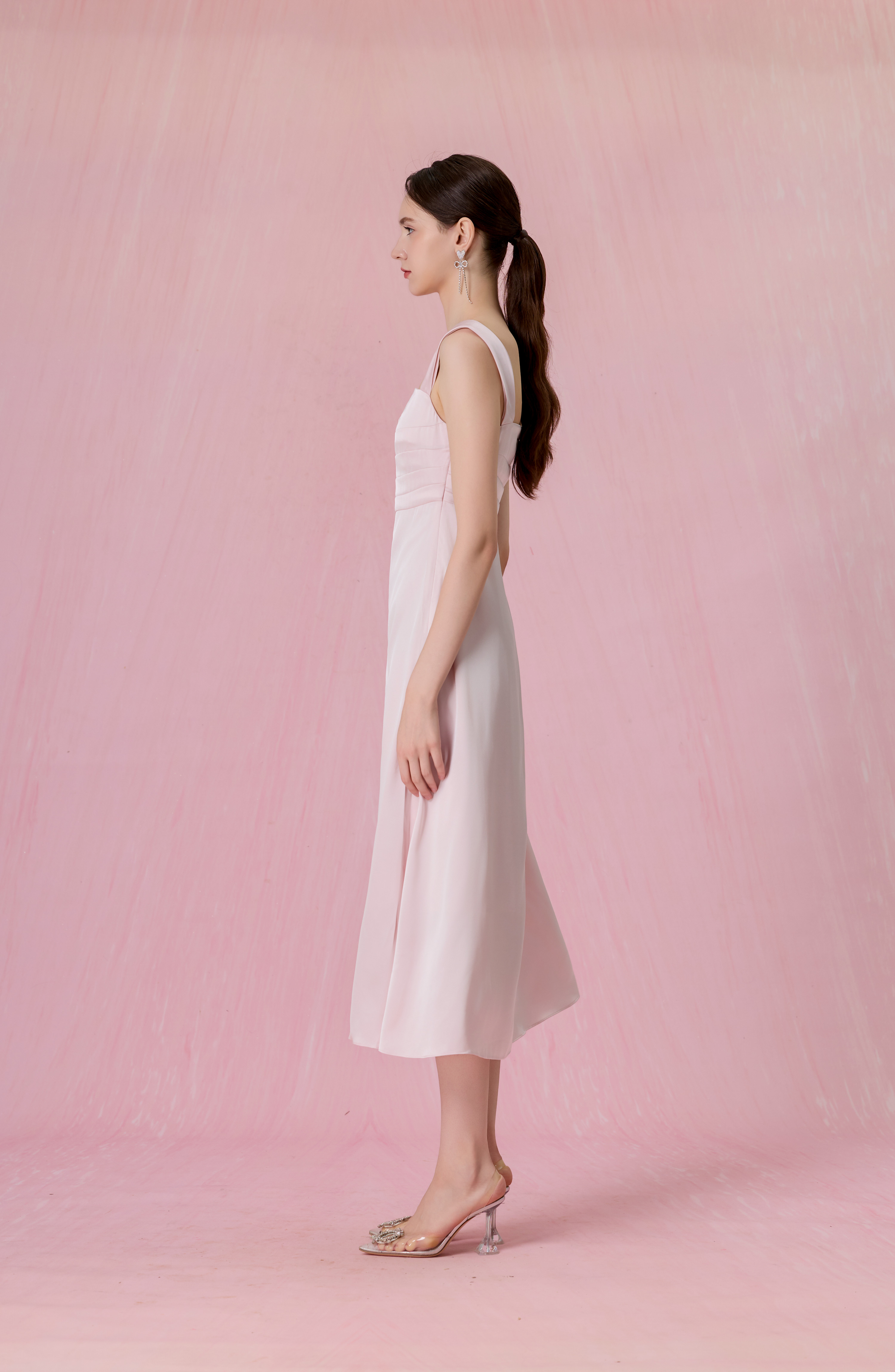 Crescenta Light Pink Ruched Midi Dress