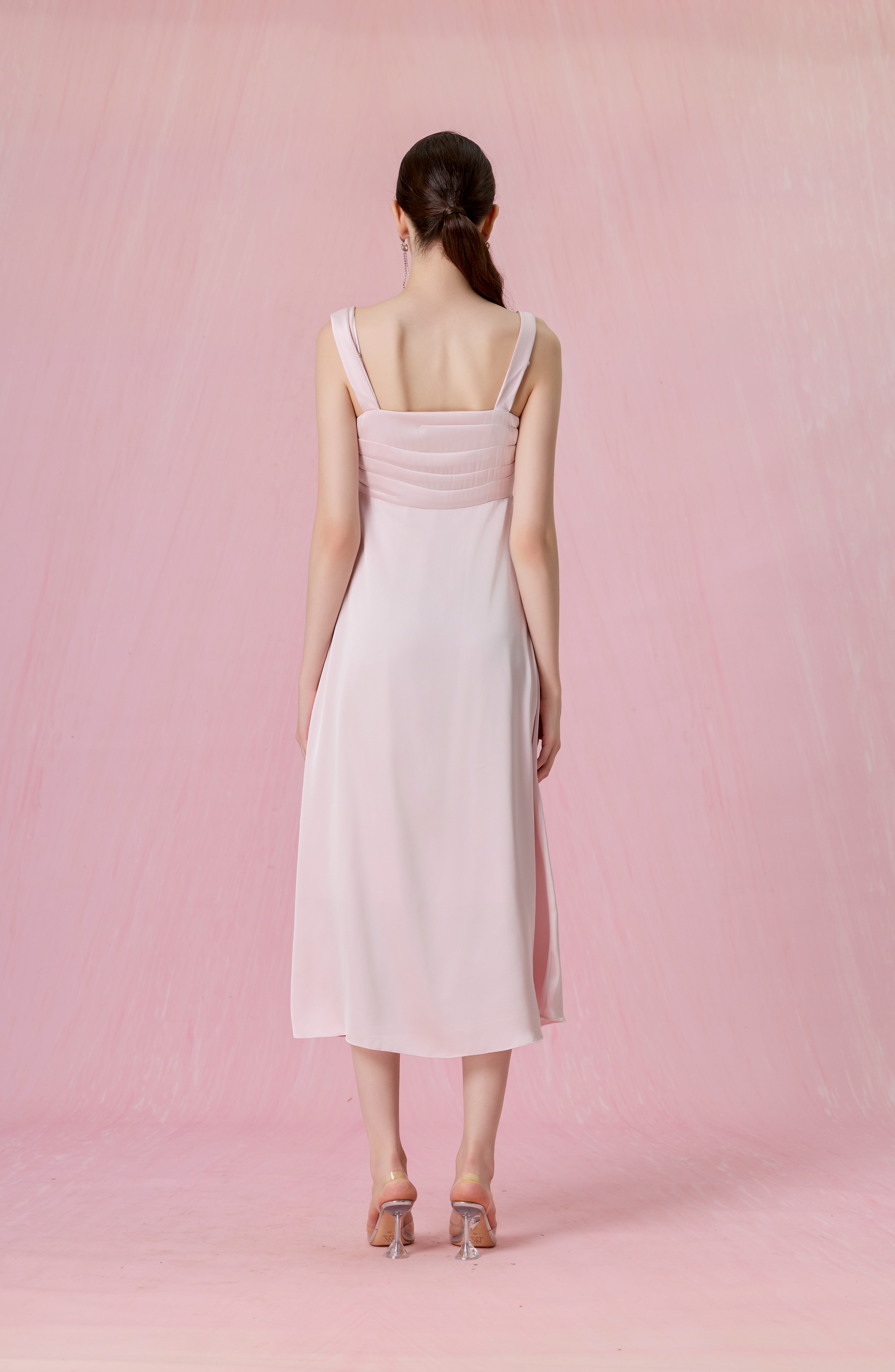 Crescenta Light Pink Ruched Midi Dress