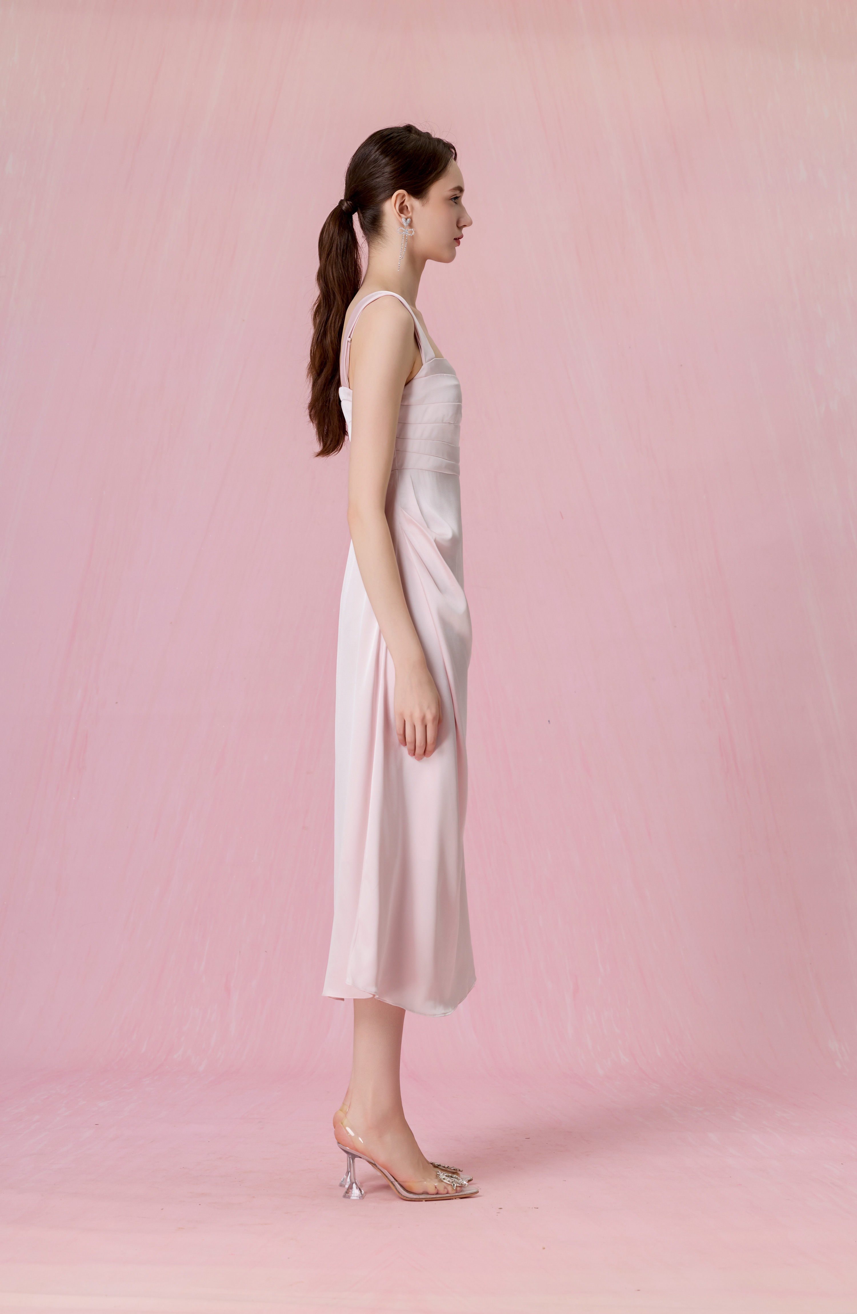 Crescenta Light Pink Ruched Midi Dress