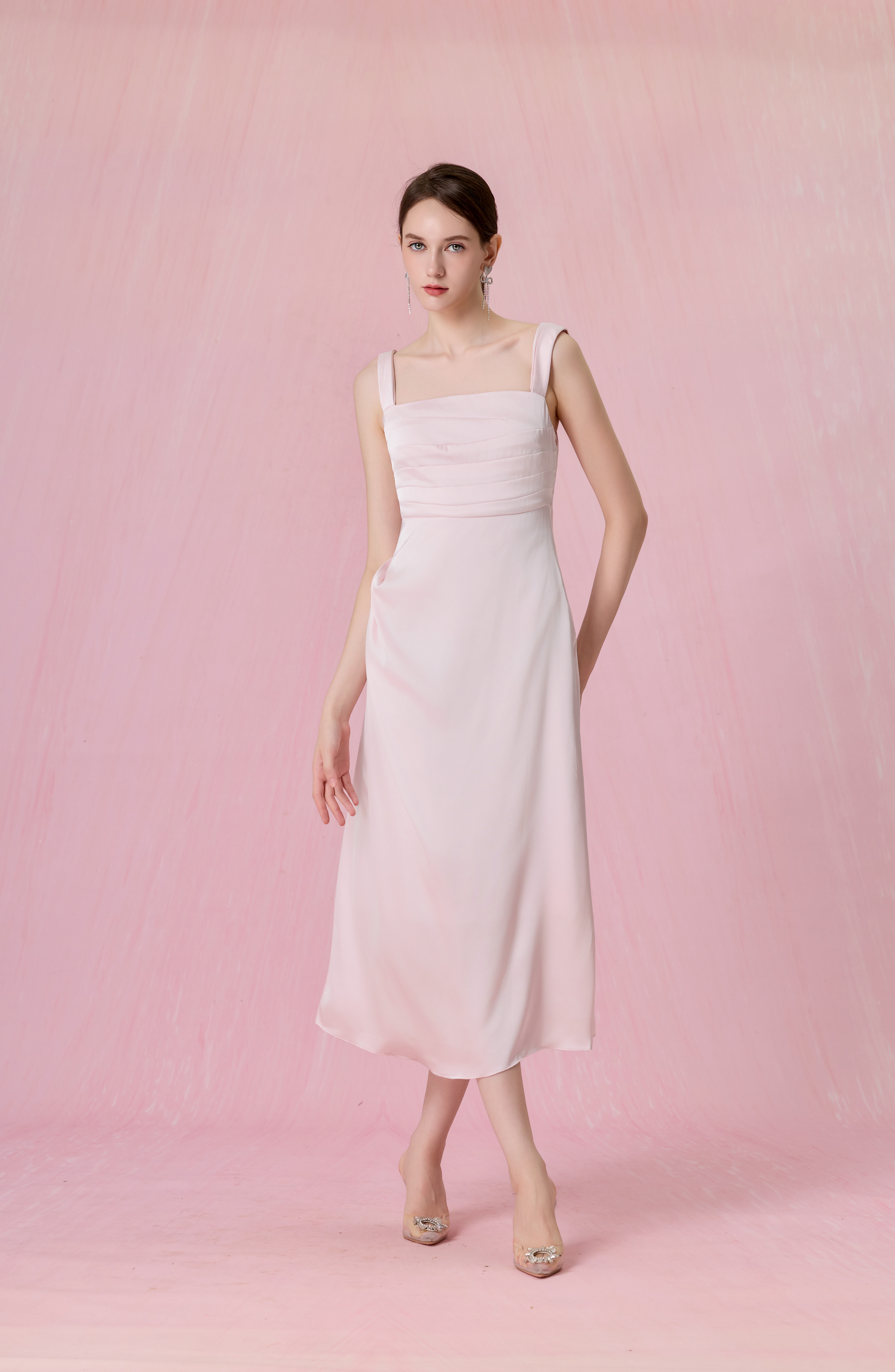 Crescenta Light Pink Ruched Midi Dress