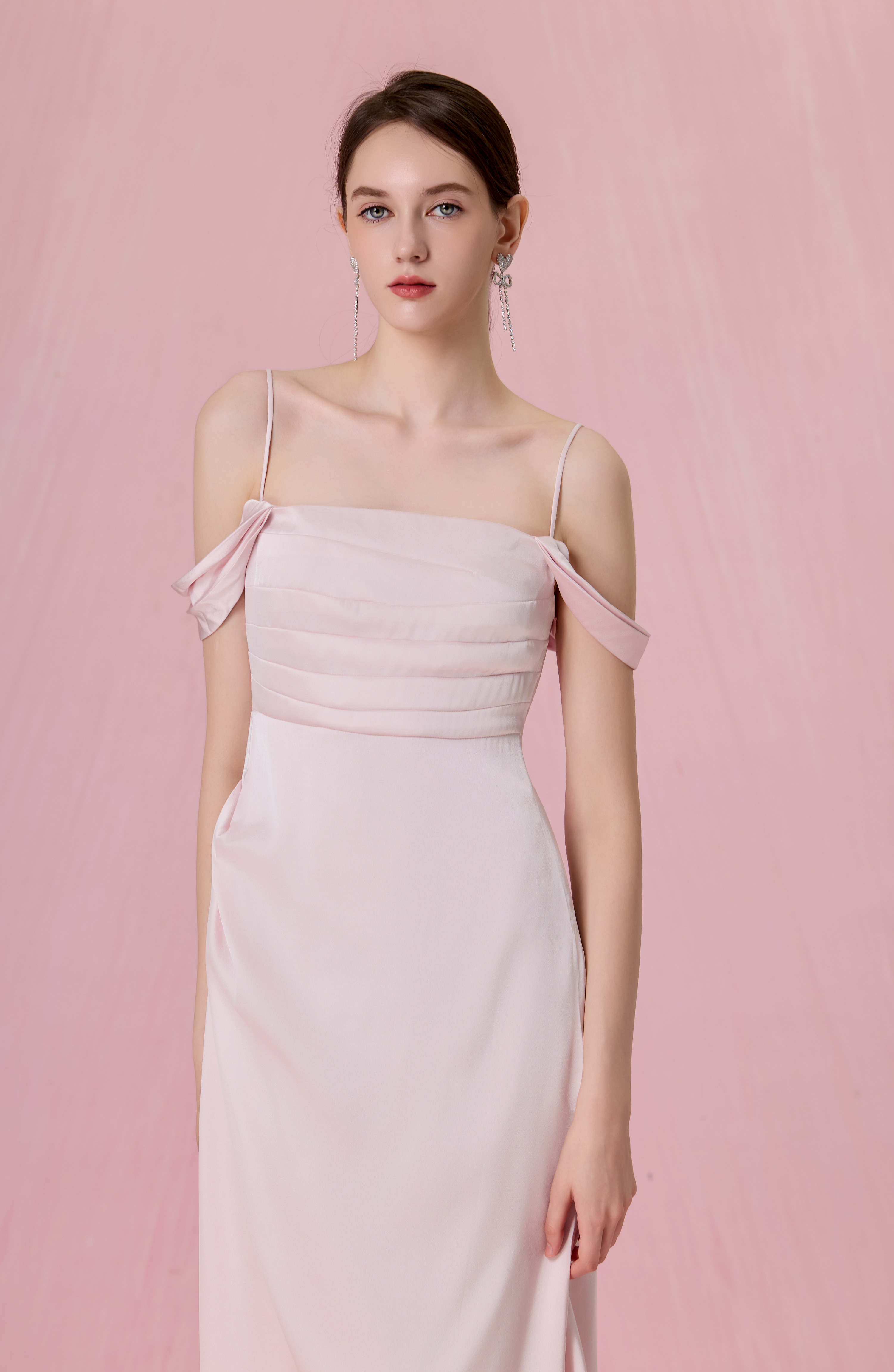 Crescenta Light Pink Ruched Midi Dress