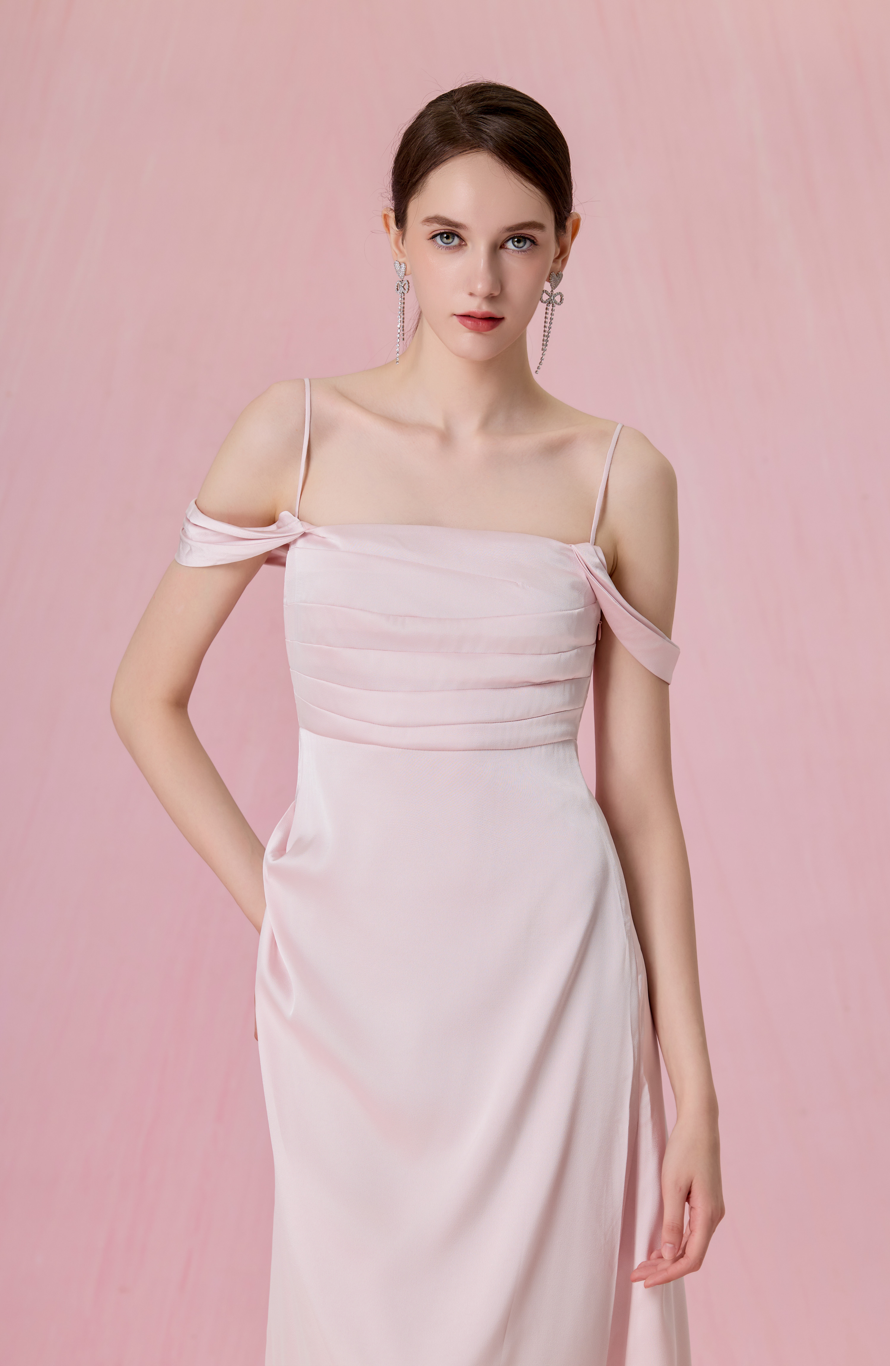 Crescenta Light Pink Ruched Midi Dress