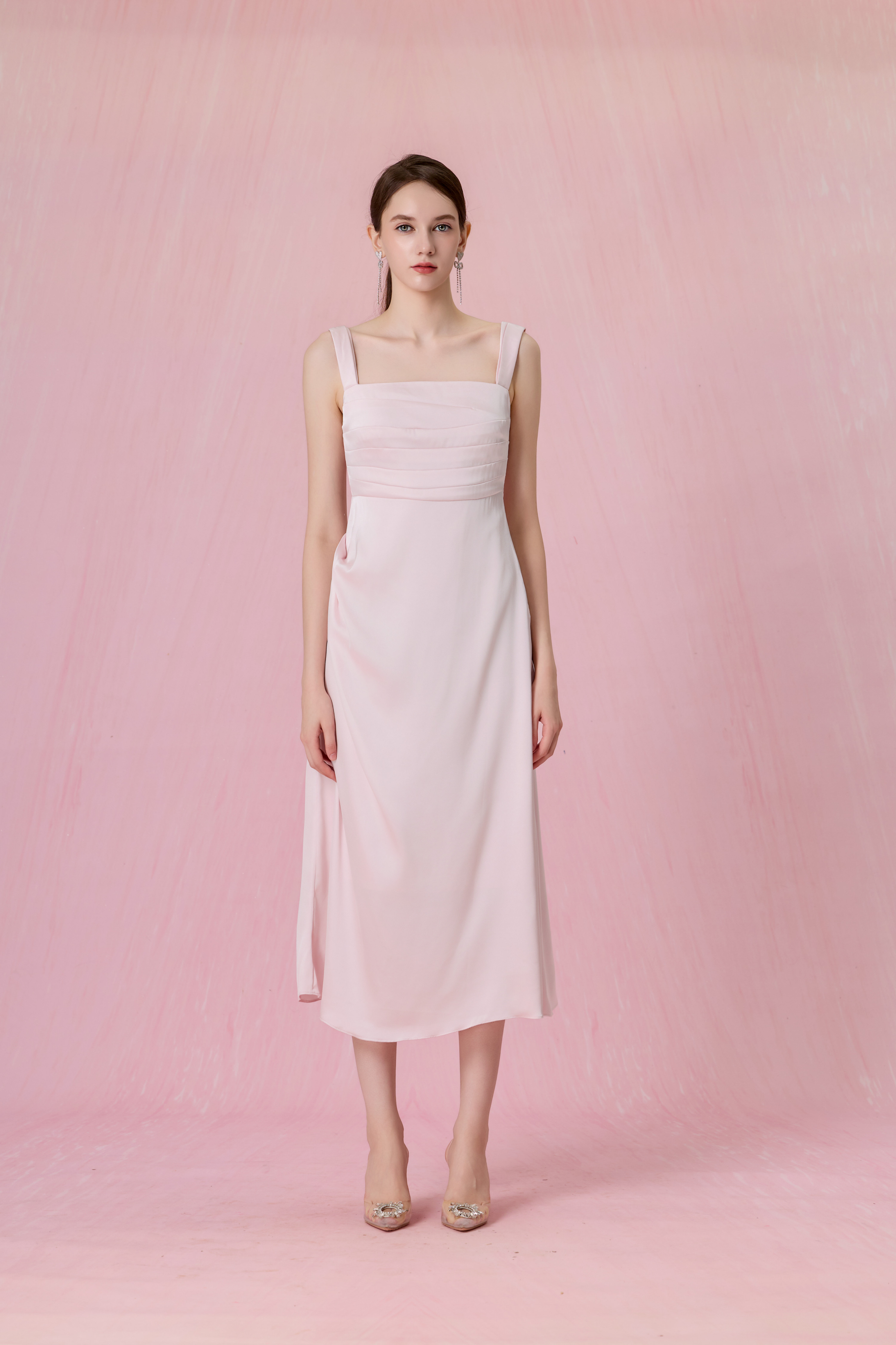 Crescenta Light Pink Ruched Midi Dress