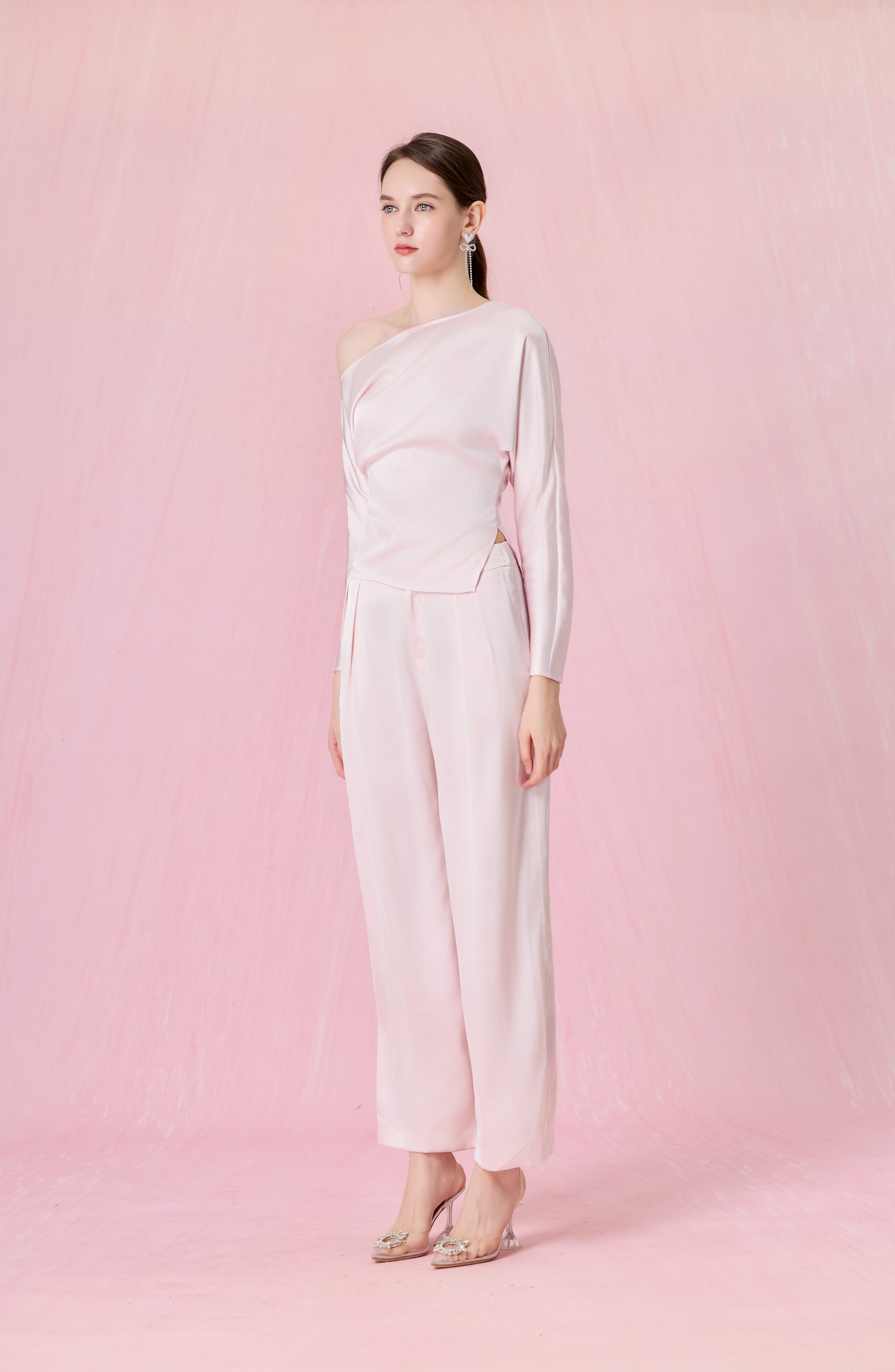 Coralie Light Pink Asymmetric Slash-Neck Long Sleeve Top