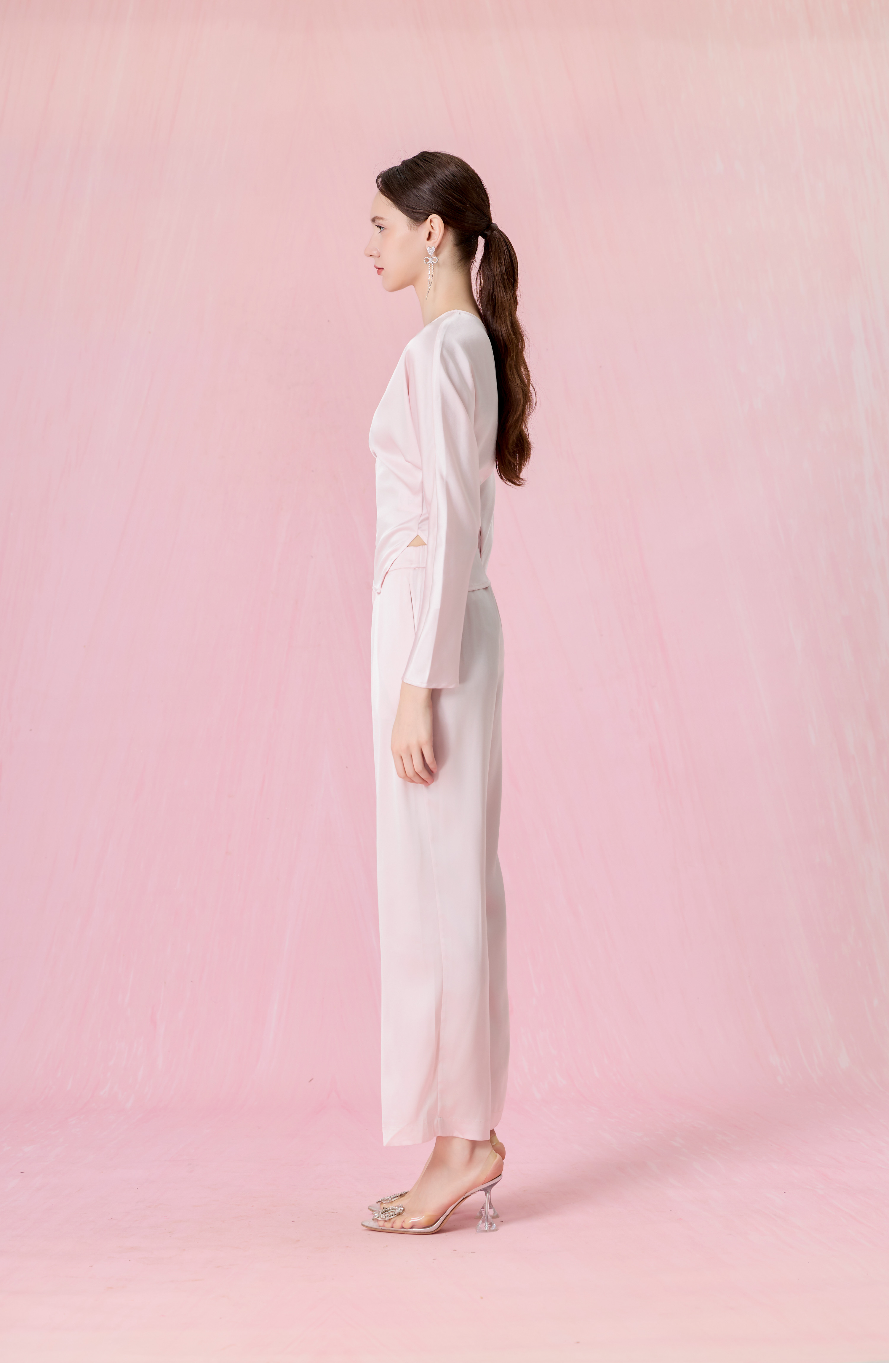 Coralie Light Pink Asymmetric Slash-Neck Long Sleeve Top