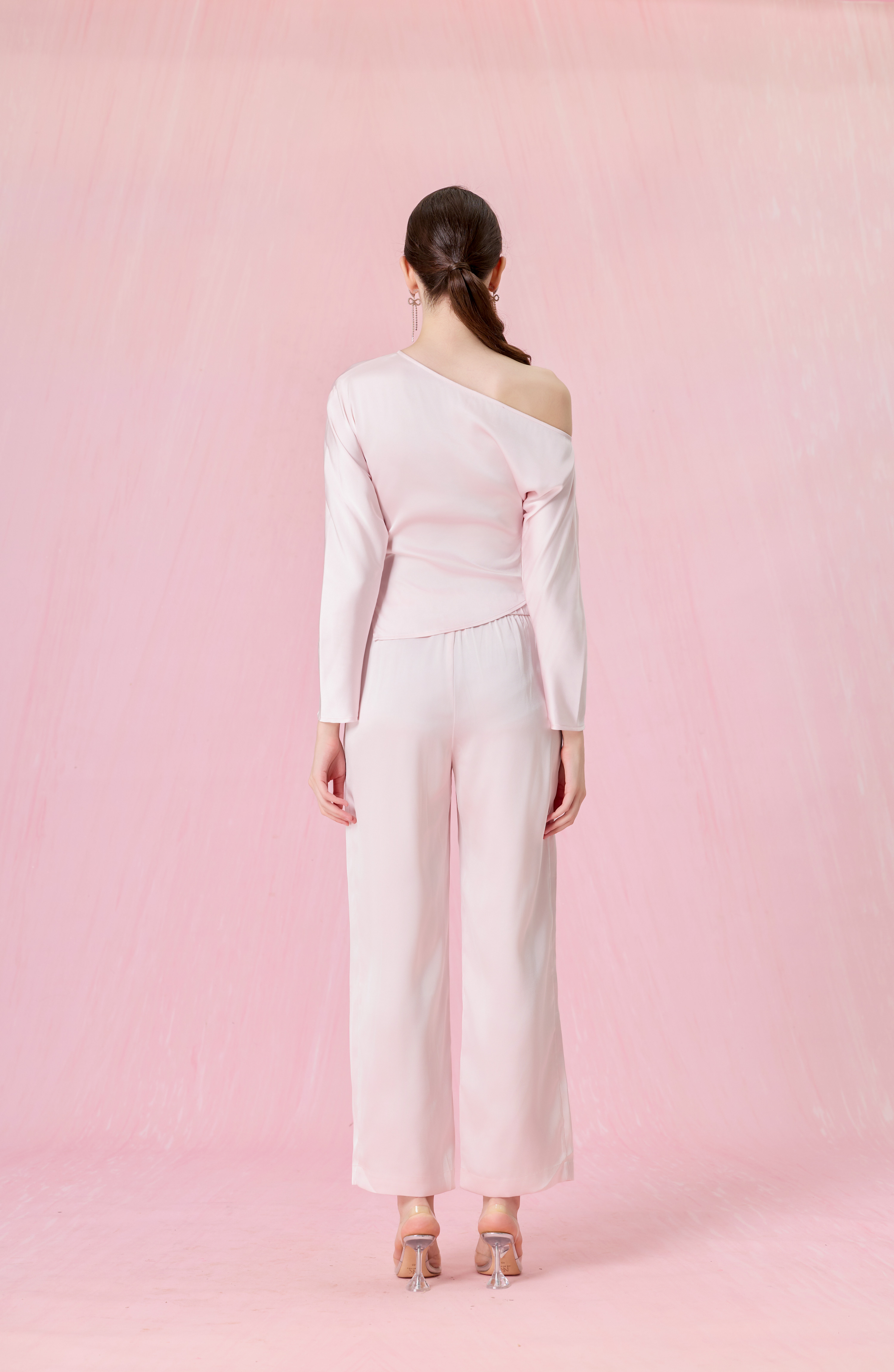 Coralie Light Pink Asymmetric Slash-Neck Long Sleeve Top