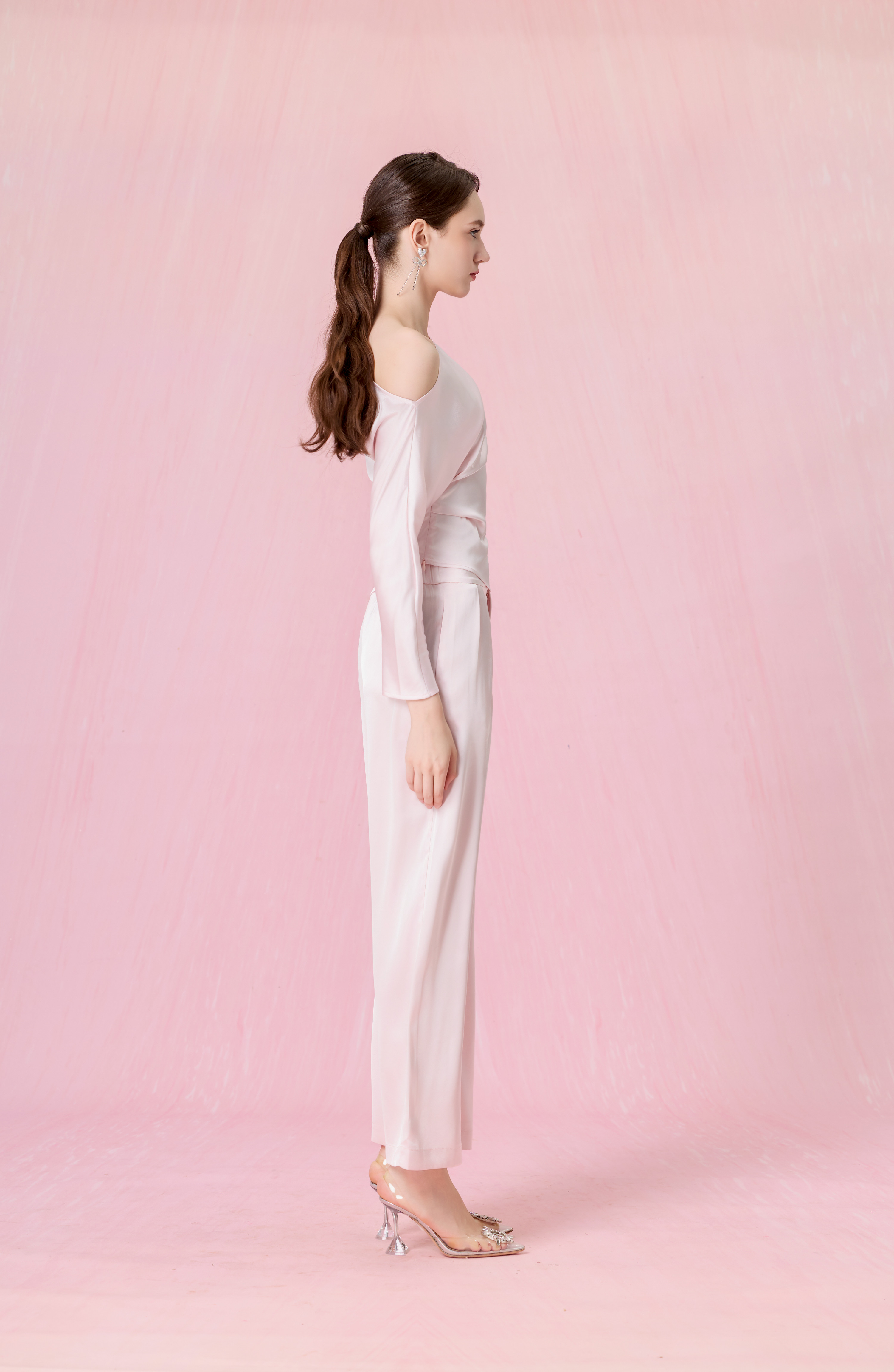 Coralie Light Pink Asymmetric Slash-Neck Long Sleeve Top