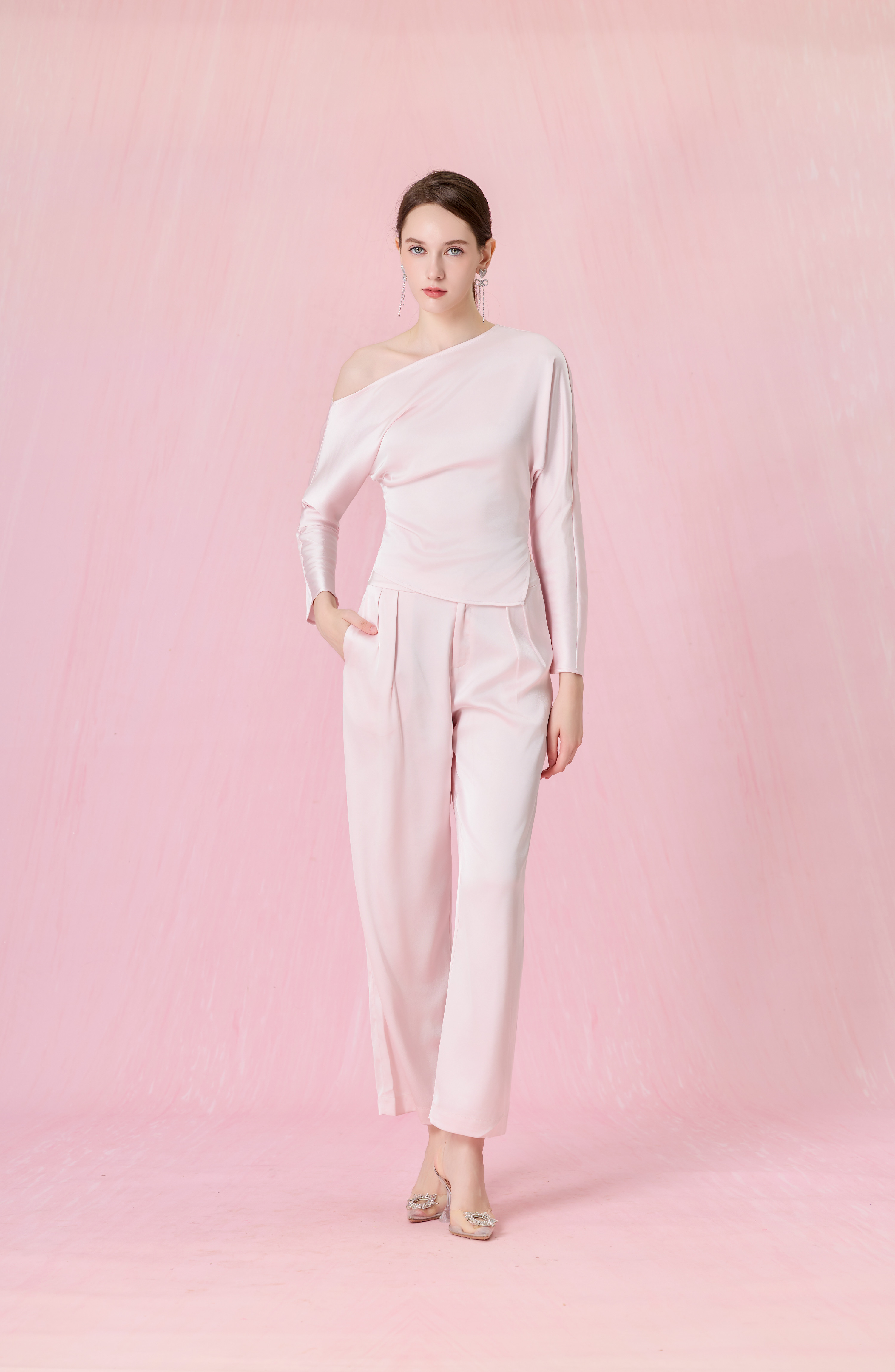 Coralie Light Pink Asymmetric Slash-Neck Long Sleeve Top