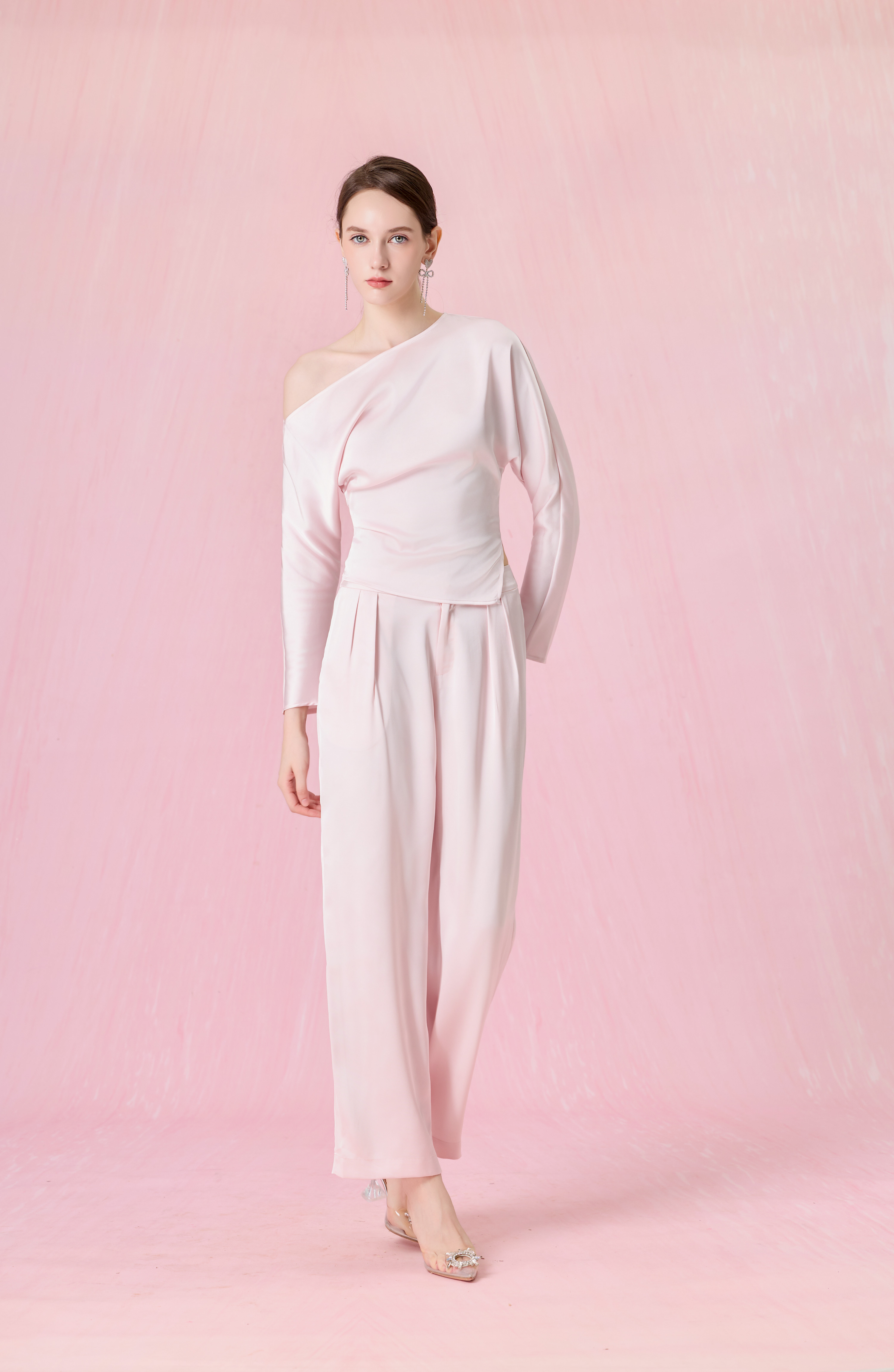 Coralie Light Pink Asymmetric Slash-Neck Long Sleeve Top
