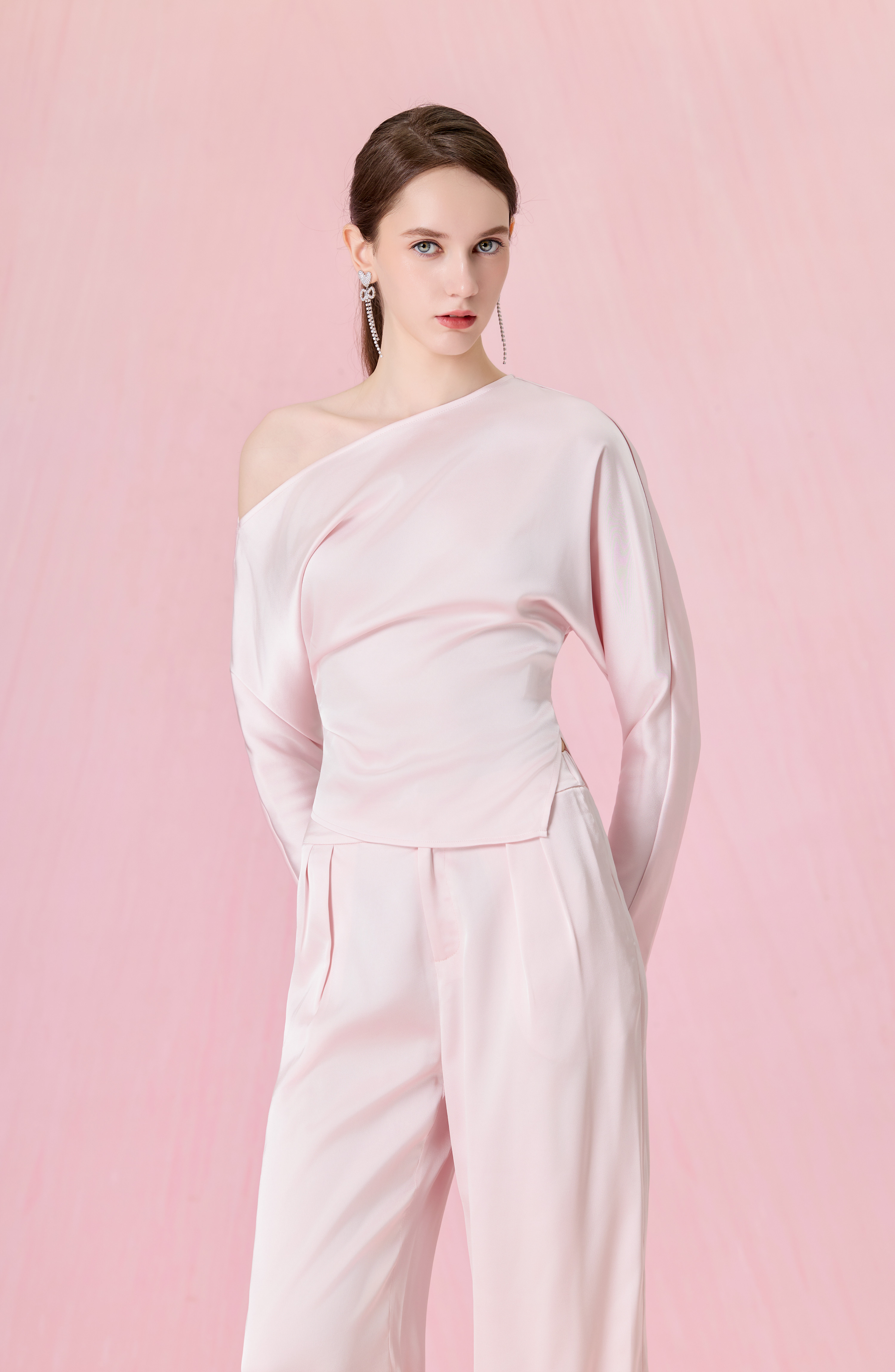 Coralie Light Pink Asymmetric Slash-Neck Long Sleeve Top
