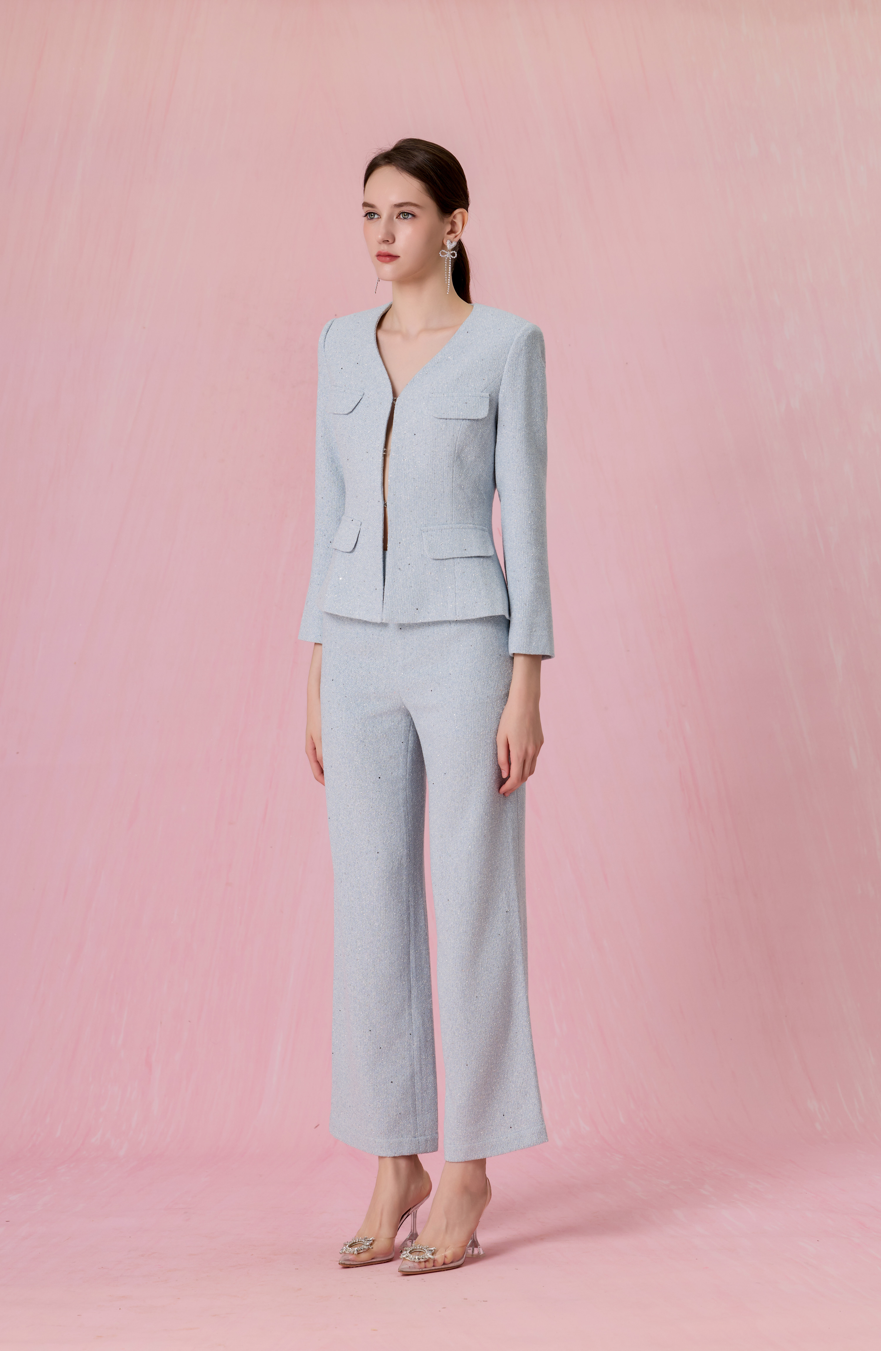 Clemence Light Blue Tweed Long-Sleeve Blazer Top