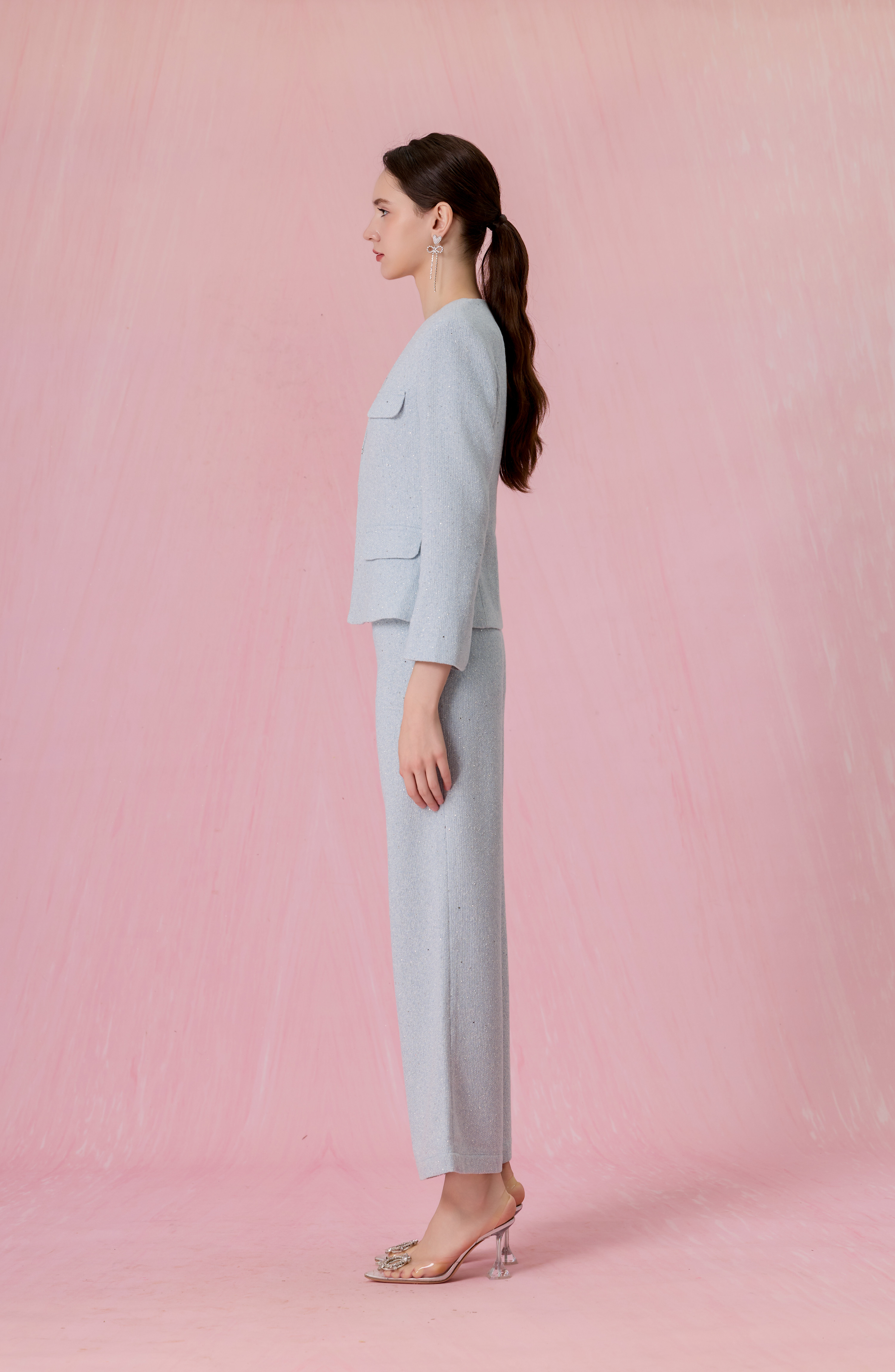 Clemence Light Blue Tweed Long-Sleeve Blazer Top