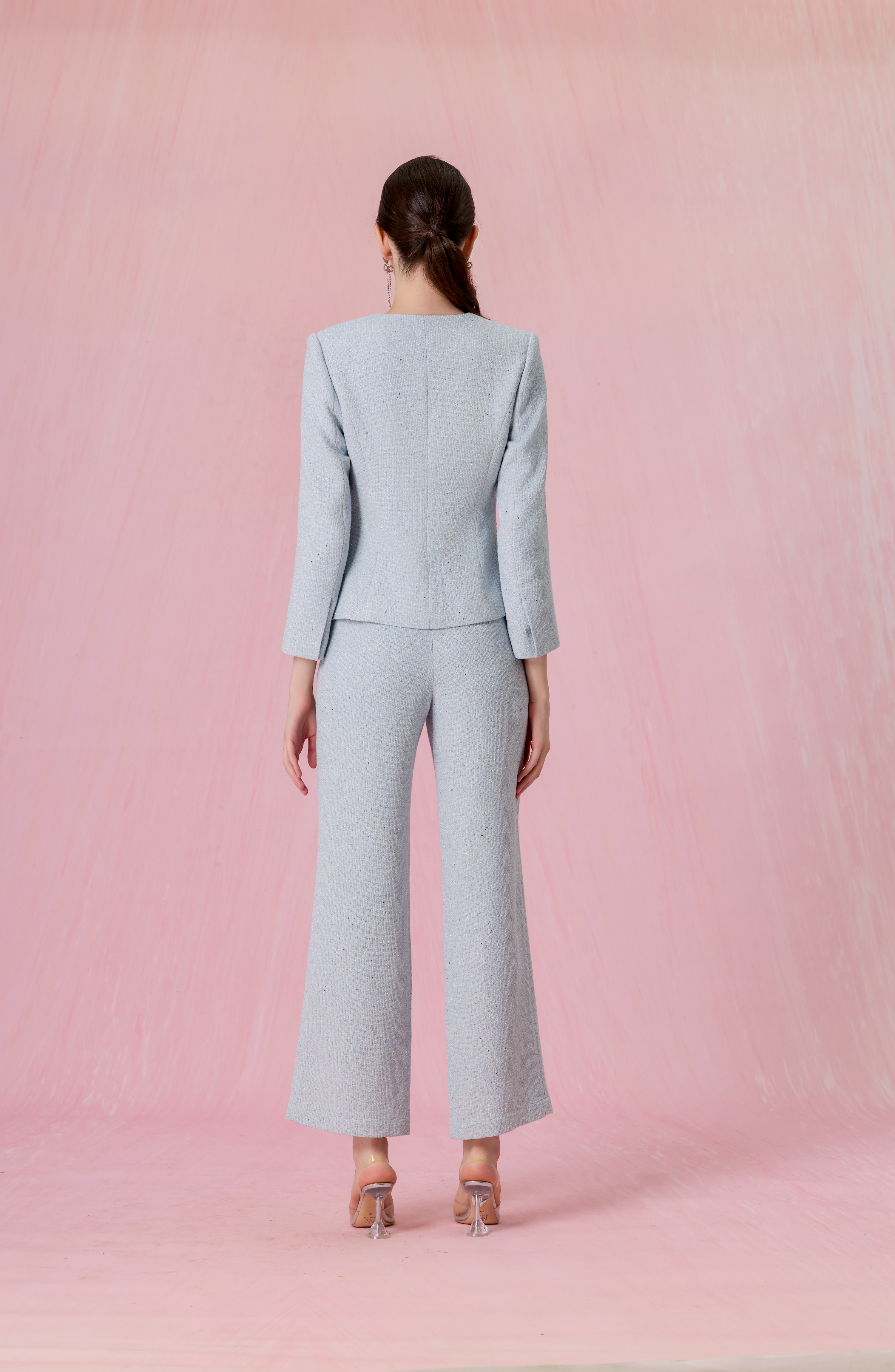 Clemence Light Blue Tweed Long-Sleeve Blazer Top