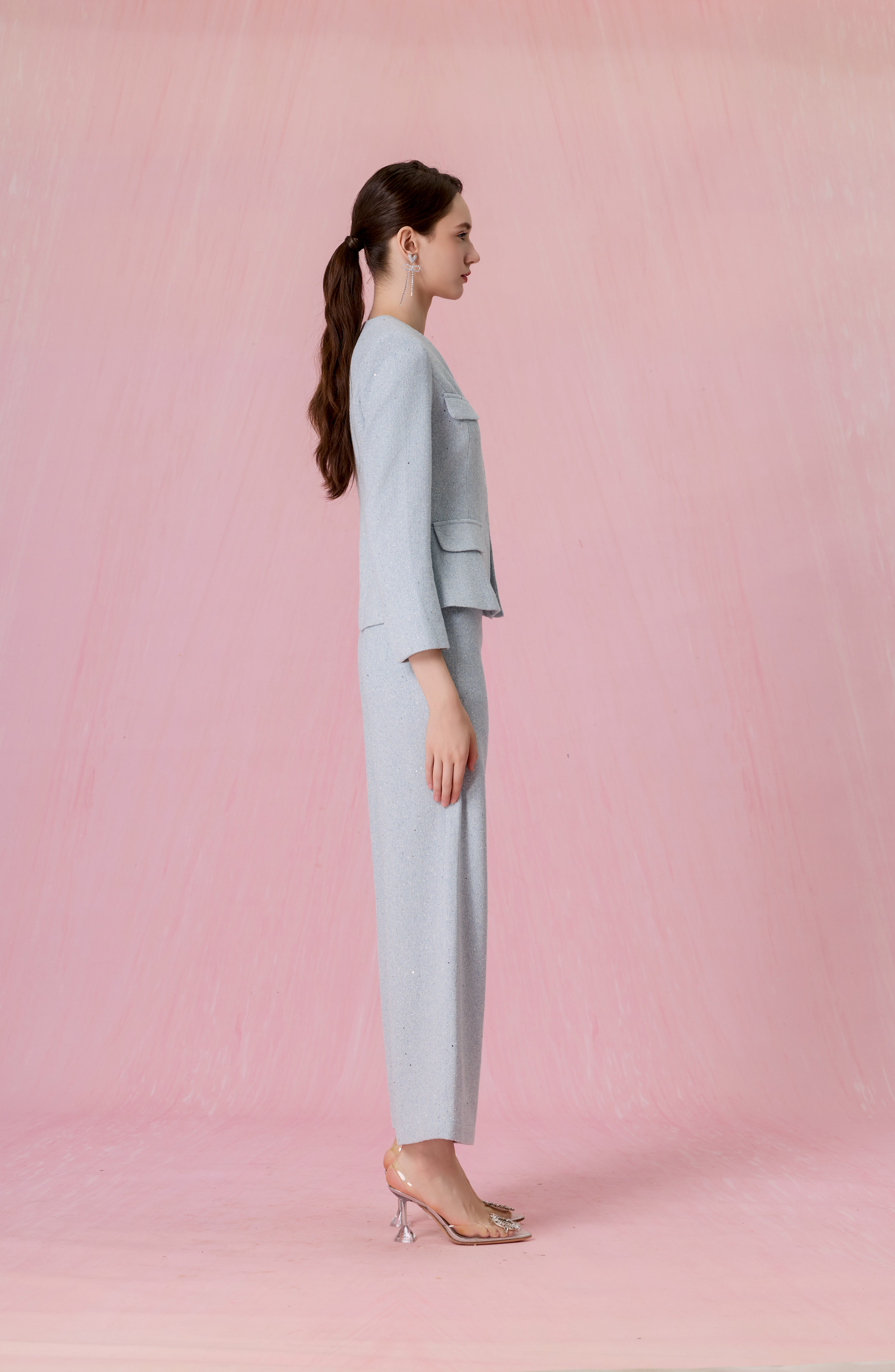 Clemence Light Blue Tweed Long-Sleeve Blazer Top