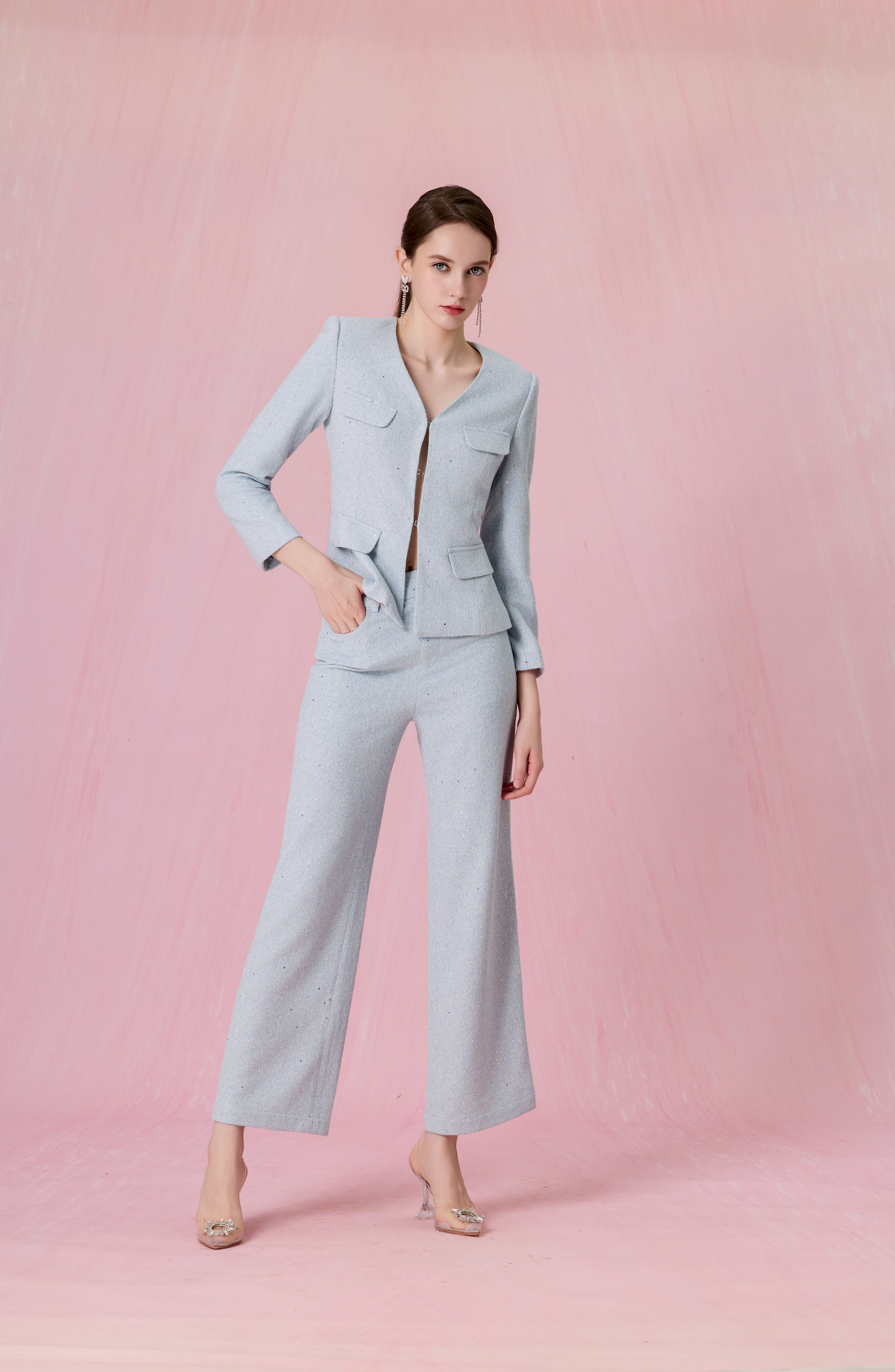Clemence Light Blue Tweed Wide-Leg Pants