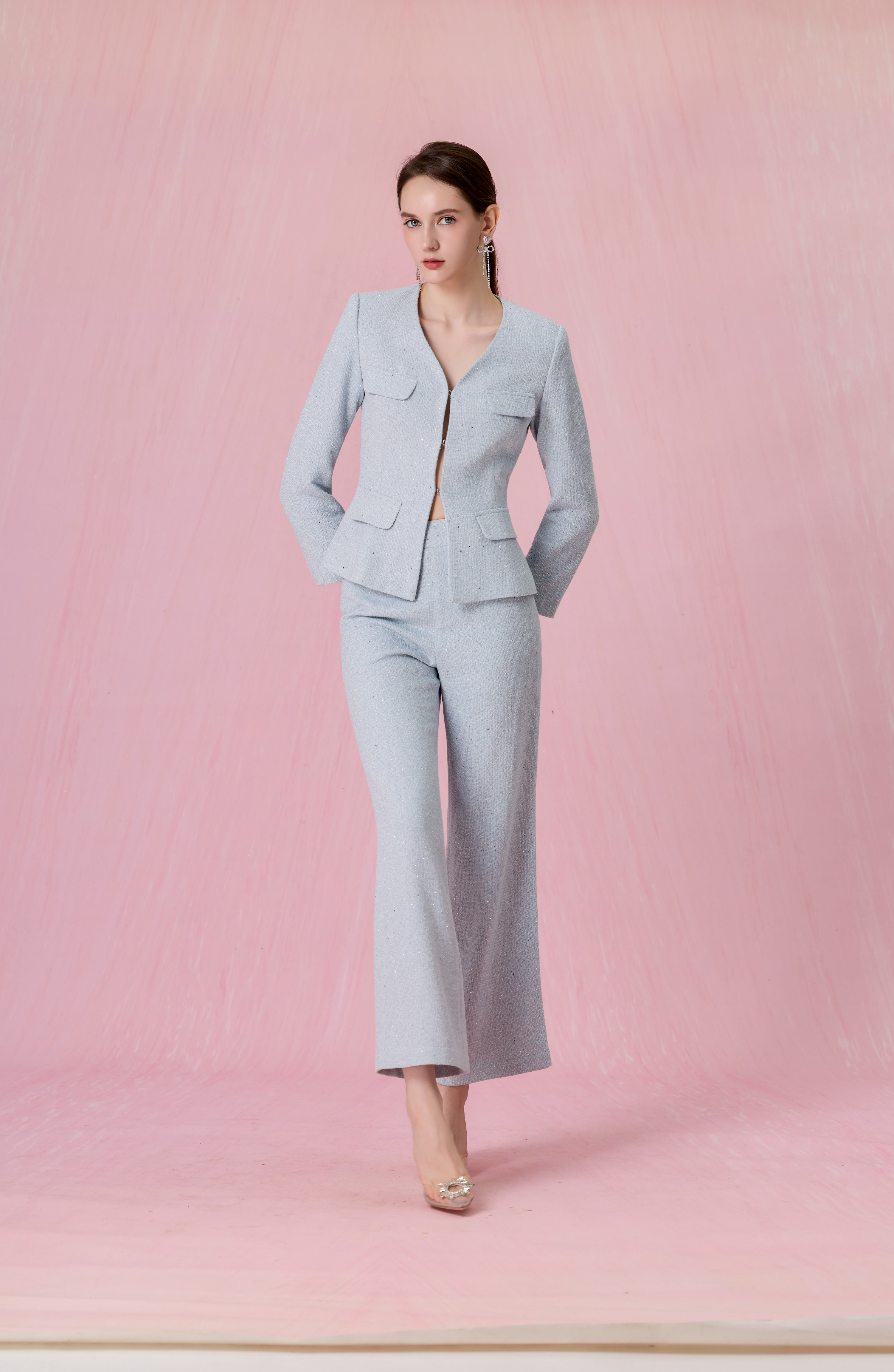 Clemence Light Blue Tweed Long-Sleeve Blazer Top