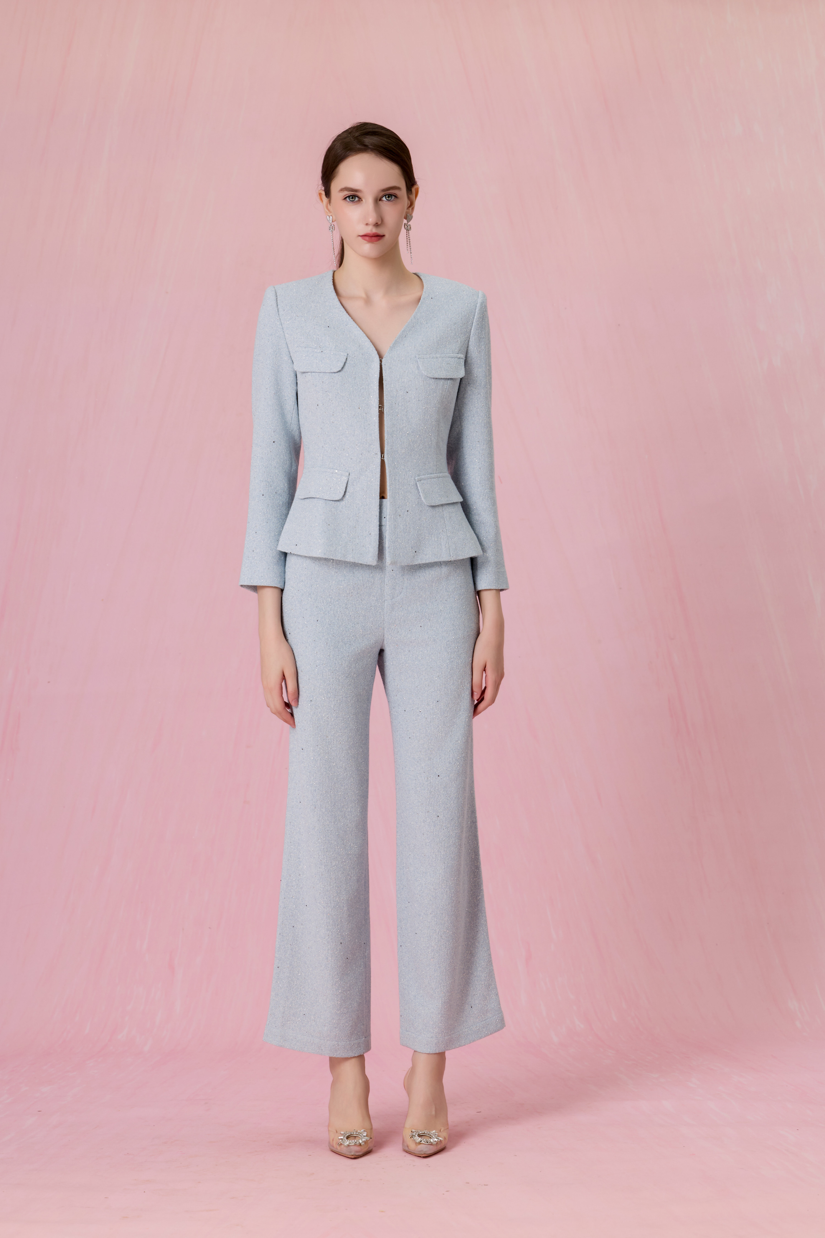 Clemence Light Blue Tweed Wide-Leg Pants
