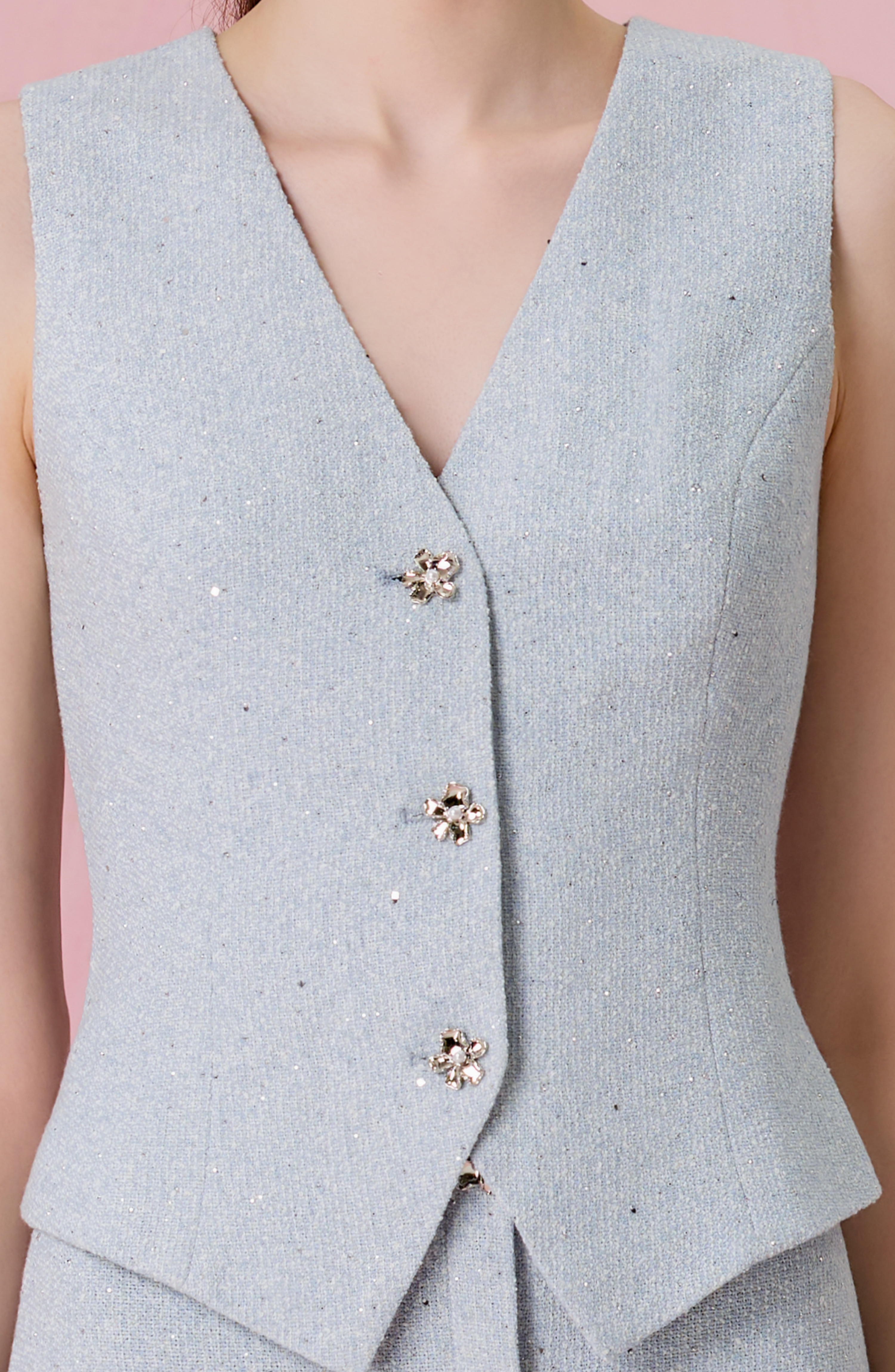Claude Light Blue Tweed Button Front Vest Top
